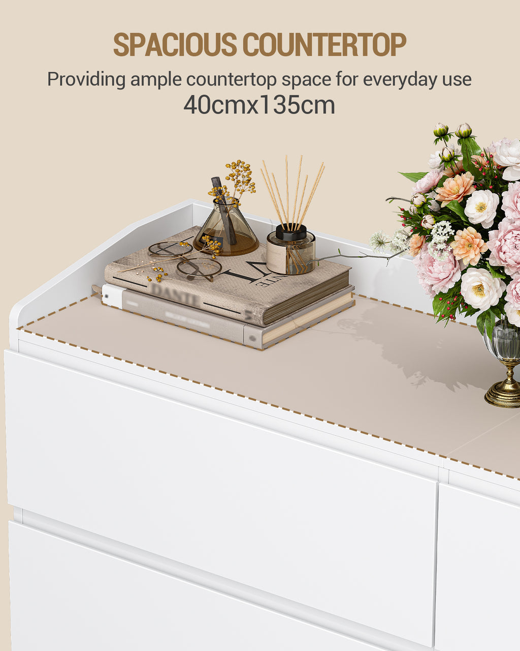 Hzuaneri Chest of Drawers 138 cm, Chest of Drawers with 6 Drawers, Side Cabinet with Work Surface, Locker with Top Rail, Suitable for Living Room and Bedroom, 40 x 138 x 84 cm, White DC32603X