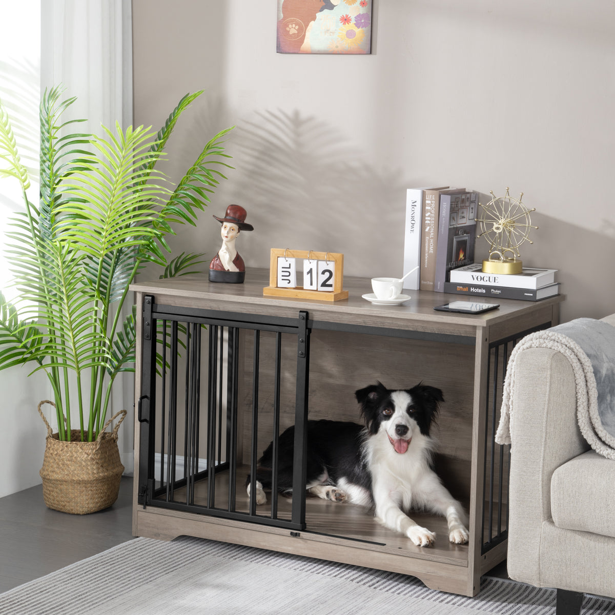 Hzuaneri Dog Crate Furniture, 100 cm Double Door Wooden Dog Crate with Barn Door, Indoor Kennel, End Side Table Animal Crates for Small Medium Large Dogs, Anti-Chew Anti-Escape, Light Ivory DFC02305B