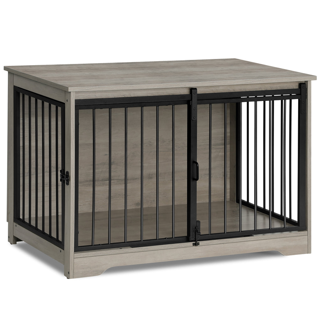 Hzuaneri Dog Crate Furniture, 100 cm Double Door Wooden Dog Crate with Barn Door, Indoor Kennel, End Side Table Animal Crates for Small Medium Large Dogs, Anti-Chew Anti-Escape, Light Ivory DFC02305B