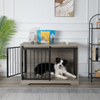 Hzuaneri Dog Crate Furniture, 100 cm Double Door Wooden Dog Crate with Barn Door, Indoor Kennel, End Side Table Animal Crates for Small Medium Large Dogs, Anti-Chew Anti-Escape, Light Ivory DFC02305B