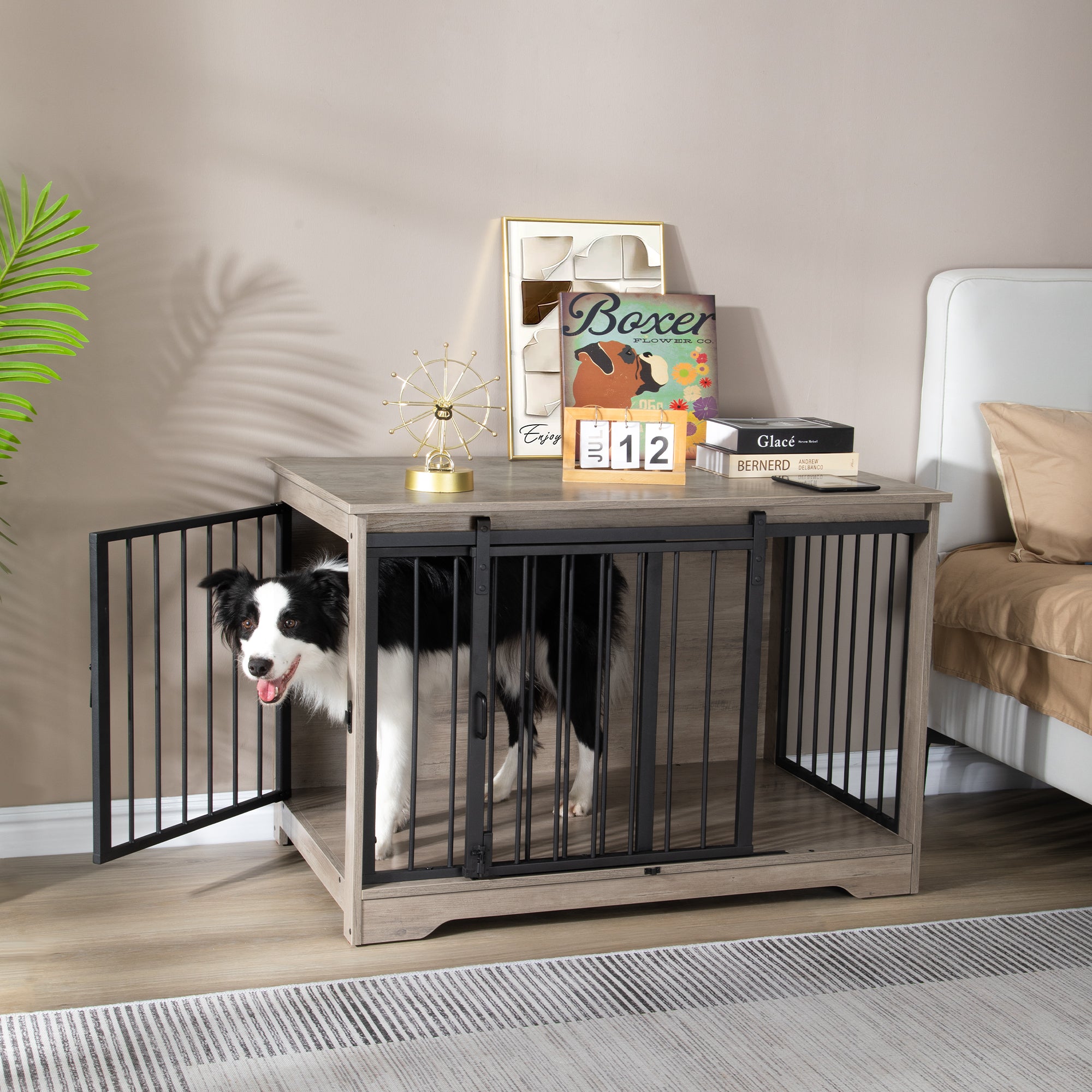 Hzuaneri Dog Crate Furniture, 100 cm Double Door Wooden Dog Crate with Barn Door, Indoor Kennel, End Side Table Animal Crates for Small Medium Large Dogs, Anti-Chew Anti-Escape, Light Ivory DFC02305B