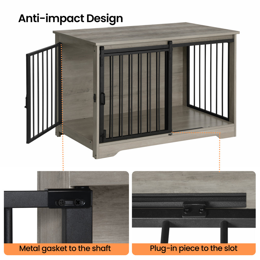Hzuaneri Dog Crate Furniture, 100 cm Double Door Wooden Dog Crate with Barn Door, Indoor Kennel, End Side Table Animal Crates for Small Medium Large Dogs, Anti-Chew Anti-Escape, Light Ivory DFC02305B