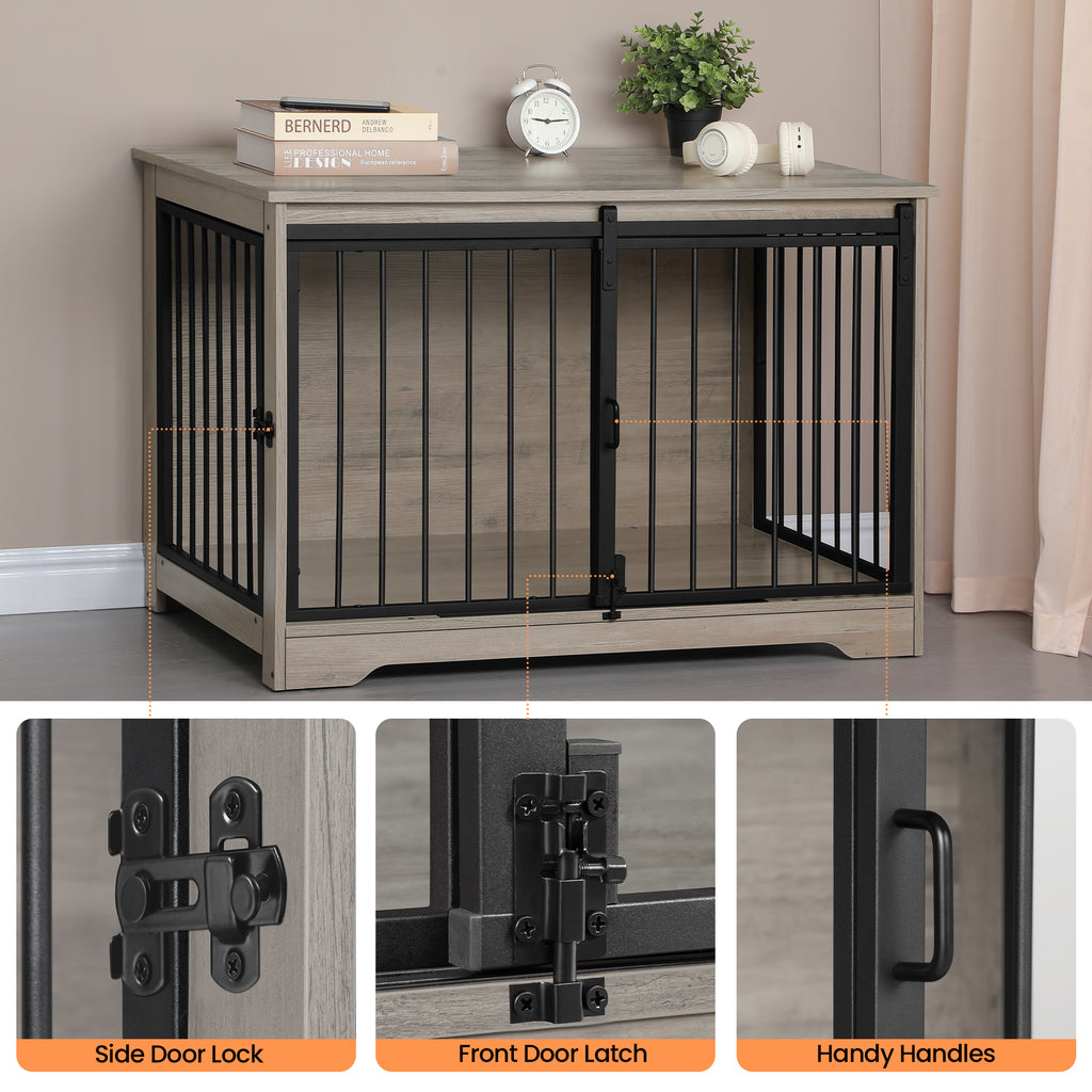 Hzuaneri Dog Crate Furniture, 100 cm Double Door Wooden Dog Crate with Barn Door, Indoor Kennel, End Side Table Animal Crates for Small Medium Large Dogs, Anti-Chew Anti-Escape, Light Ivory DFC02305B