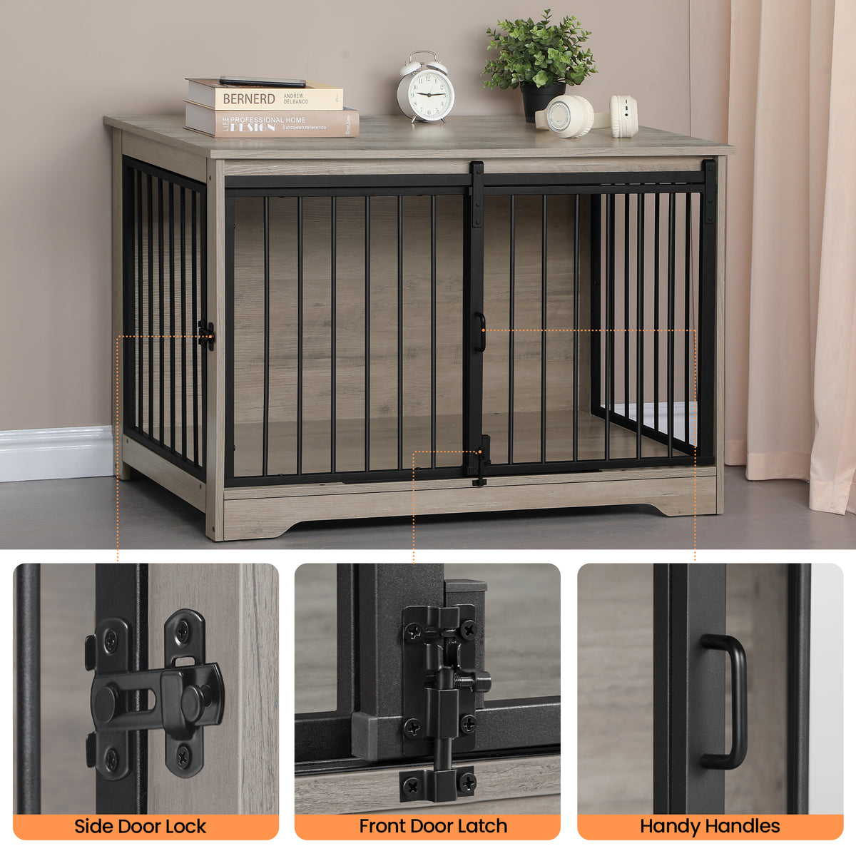 Hzuaneri Dog Crate Furniture, 100 cm Double Door Wooden Dog Crate with Barn Door, Indoor Kennel, End Side Table Animal Crates for Small Medium Large Dogs, Anti-Chew Anti-Escape, Light Ivory DFC02305B