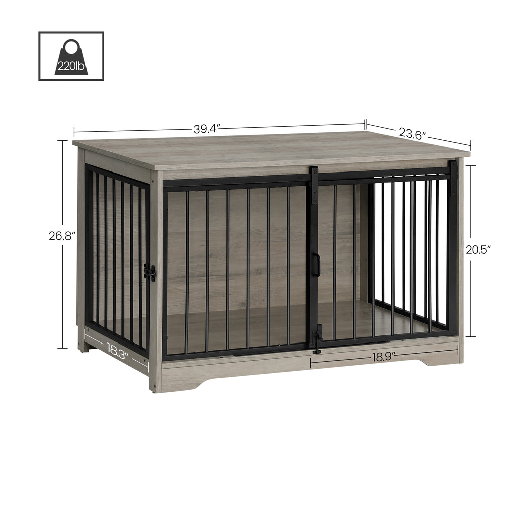 Hzuaneri Dog Crate Furniture, 100 cm Double Door Wooden Dog Crate with Barn Door, Indoor Kennel, End Side Table Animal Crates for Small Medium Large Dogs, Anti-Chew Anti-Escape, Light Ivory DFC02305B