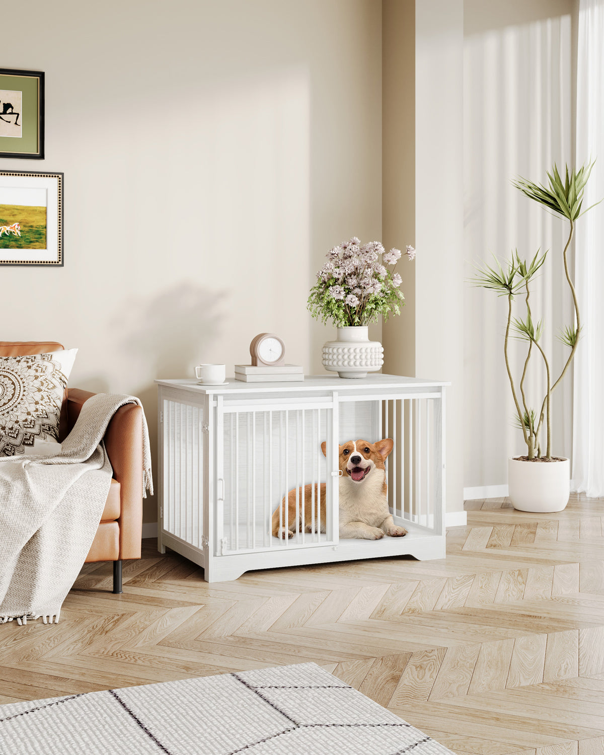 Hzuaneri Dog Cage Furniture, 100cm Dog Box for Home Use, Sliding Doors, 2 Doors, Modern Wooden Indoor Dog Box for Small/Medium/Large Dogs, Dog Cage for Home Use, 100 x 60 x 68 cm, White DFC02313W