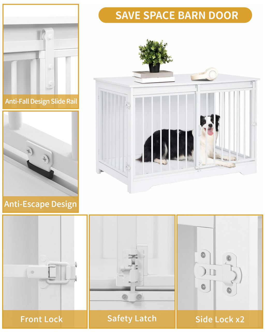 Hzuaneri Dog Cage Furniture, 100cm Dog Box for Home Use, Sliding Doors, 2 Doors, Modern Wooden Indoor Dog Box for Small/Medium/Large Dogs, Dog Cage for Home Use, 100 x 60 x 68 cm, White DFC02313W