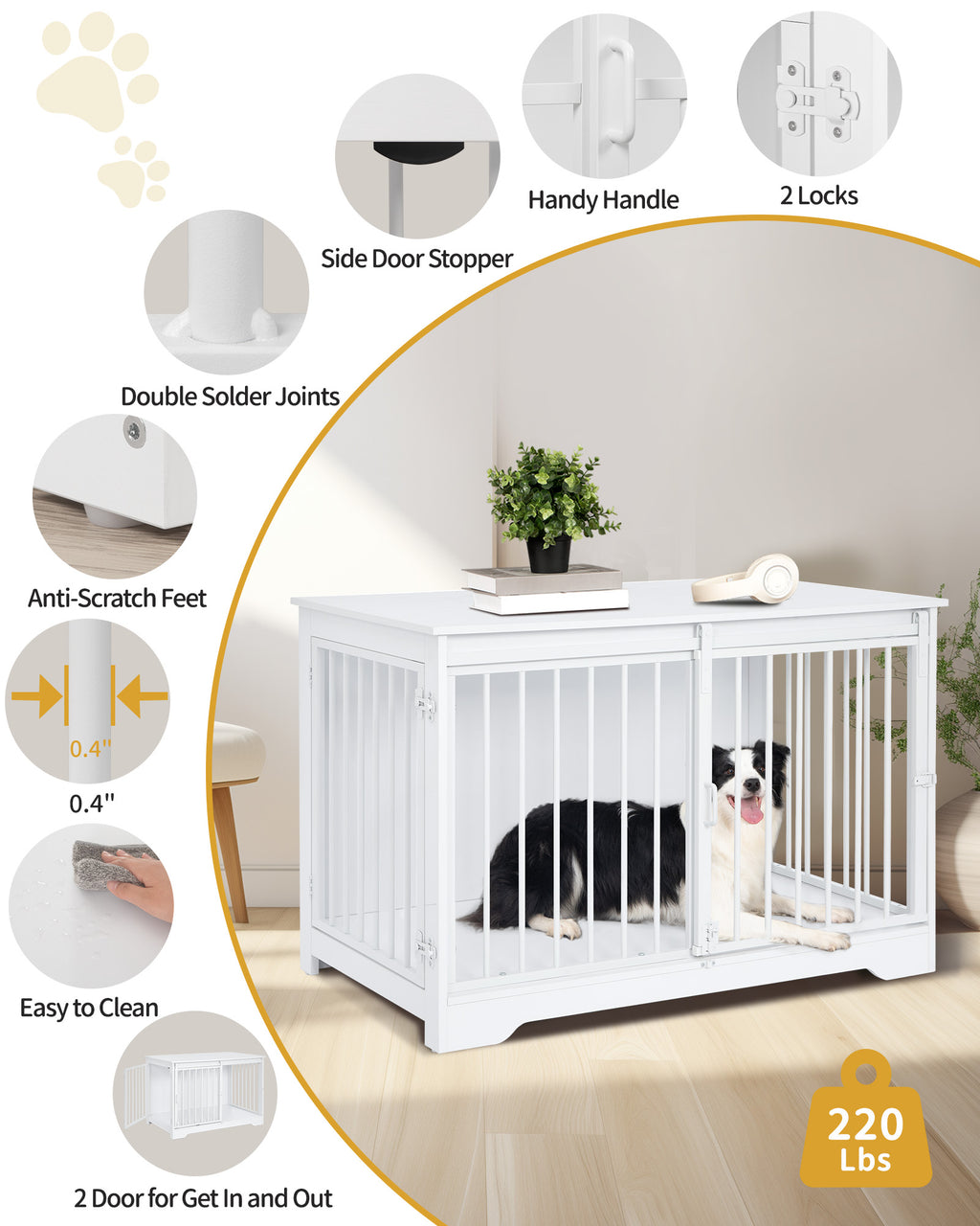 Hzuaneri Dog Cage Furniture, 100cm Dog Box for Home Use, Sliding Doors, 2 Doors, Modern Wooden Indoor Dog Box for Small/Medium/Large Dogs, Dog Cage for Home Use, 100 x 60 x 68 cm, White DFC02313W