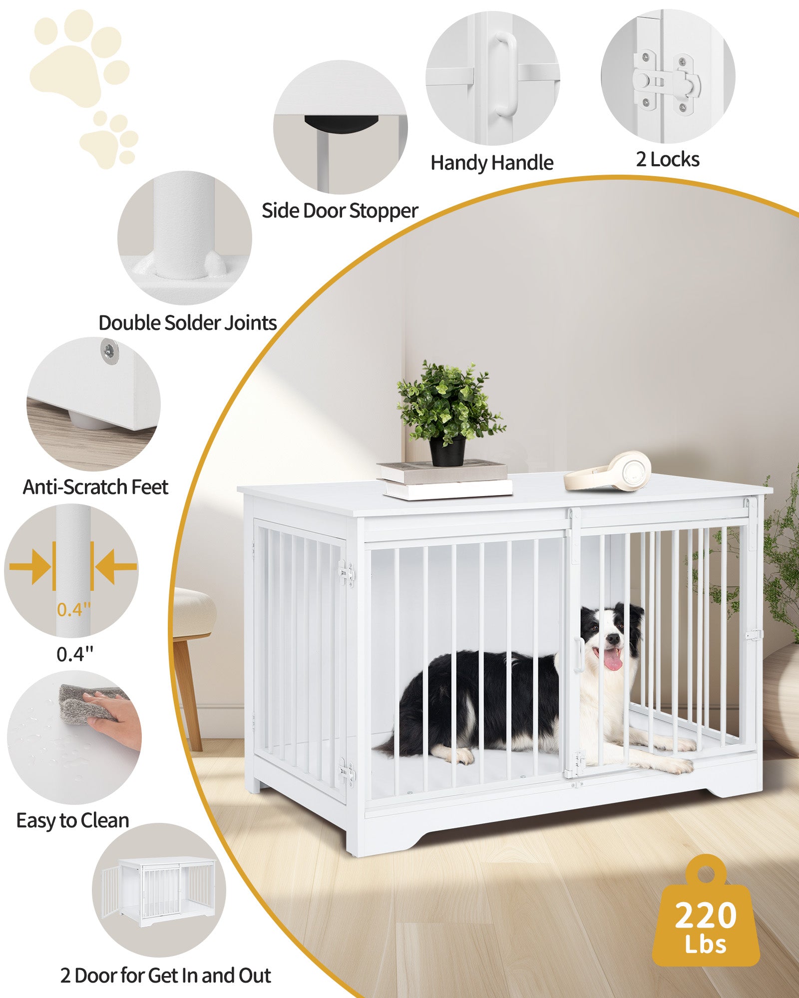 Hzuaneri Dog Cage Furniture, 100cm Dog Box for Home Use, Sliding Doors, 2 Doors, Modern Wooden Indoor Dog Box for Small/Medium/Large Dogs, Dog Cage for Home Use, 100 x 60 x 68 cm, White DFC02313W