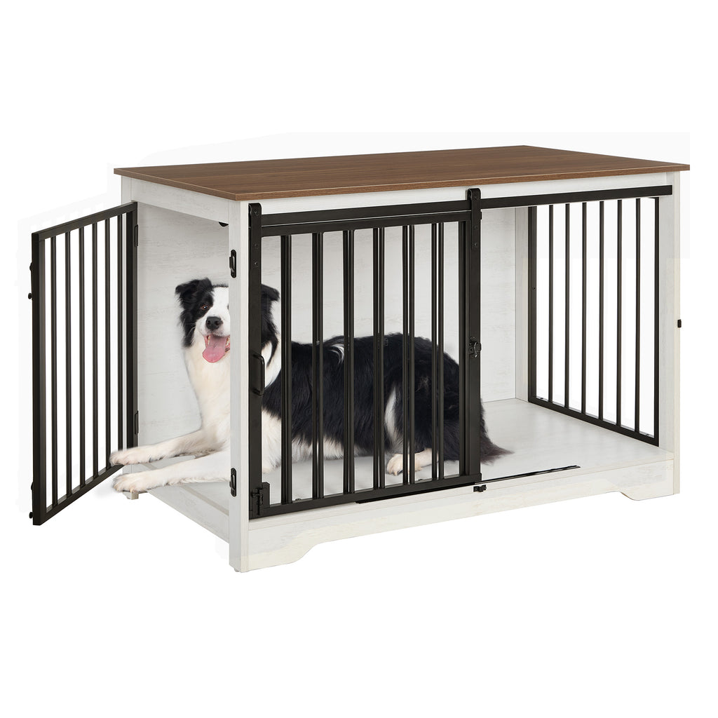 Hzuaneri Dog Cage Furniture, 100cm Dog Box for Home Use, Sliding Doors, 2 Doors, Modern Wooden Indoor Dog Box for Small/Medium/Large Dogs, Dog Cage for Home Use, 100 x 60 x 68 cm, White Brown DFC02314B
