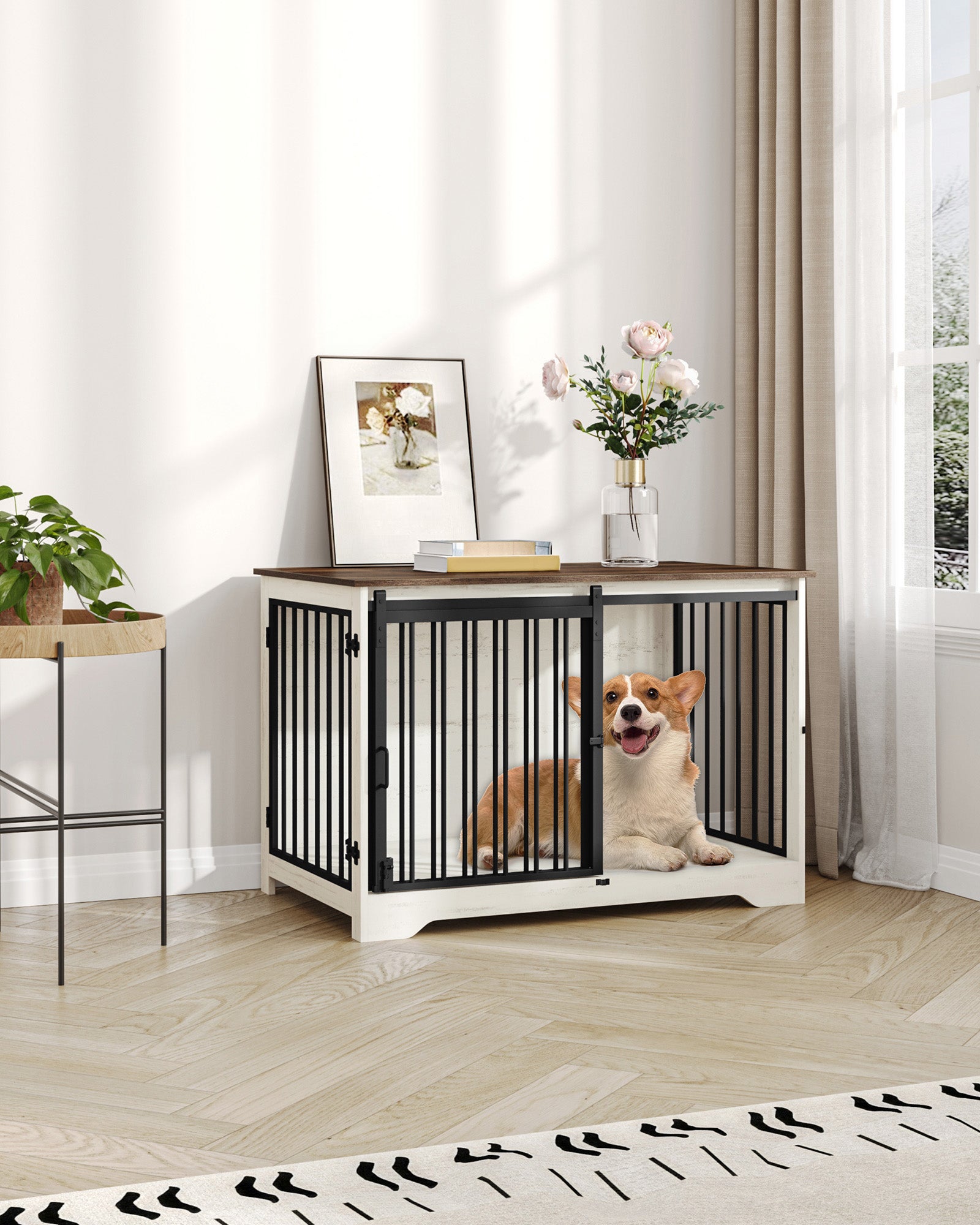 Hzuaneri Dog Cage Furniture, 100cm Dog Box for Home Use, Sliding Doors, 2 Doors, Modern Wooden Indoor Dog Box for Small/Medium/Large Dogs, Dog Cage for Home Use, 100 x 60 x 68 cm, White Brown DFC02314B