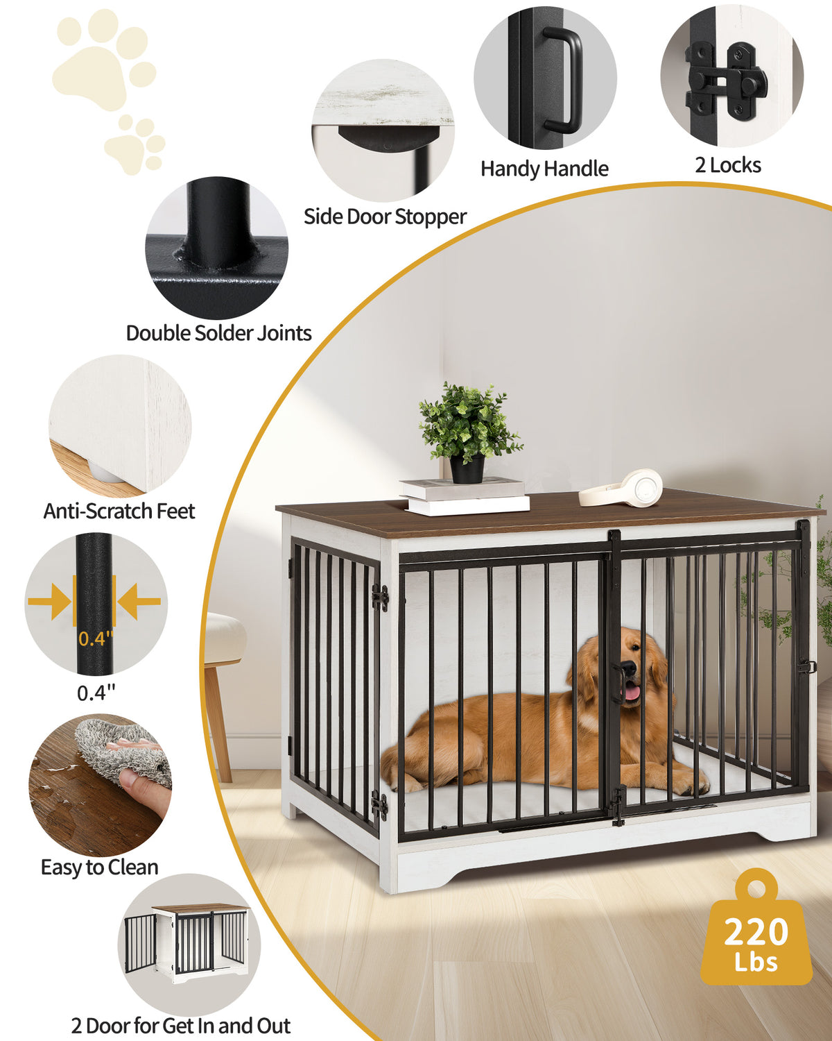 Hzuaneri Dog Cage Furniture, 100cm Dog Box for Home Use, Sliding Doors, 2 Doors, Modern Wooden Indoor Dog Box for Small/Medium/Large Dogs, Dog Cage for Home Use, 100 x 60 x 68 cm, White Brown DFC02314B