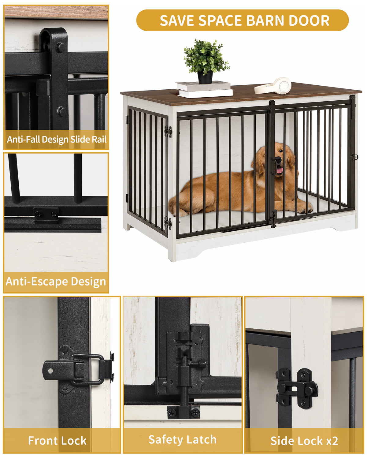 Hzuaneri Dog Cage Furniture, 100cm Dog Box for Home Use, Sliding Doors, 2 Doors, Modern Wooden Indoor Dog Box for Small/Medium/Large Dogs, Dog Cage for Home Use, 100 x 60 x 68 cm, White Brown DFC02314B