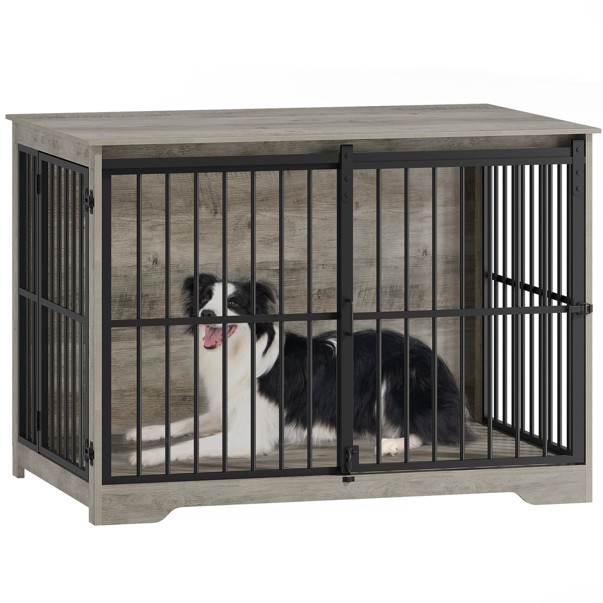Hzuaneri 44 Inch Dog Crate Furniture, XL Indoor Dog Kennel for Large Dog with Barn Door, Heavy Duty Wooden Dog Cage as TV Stand & End Table, Black
