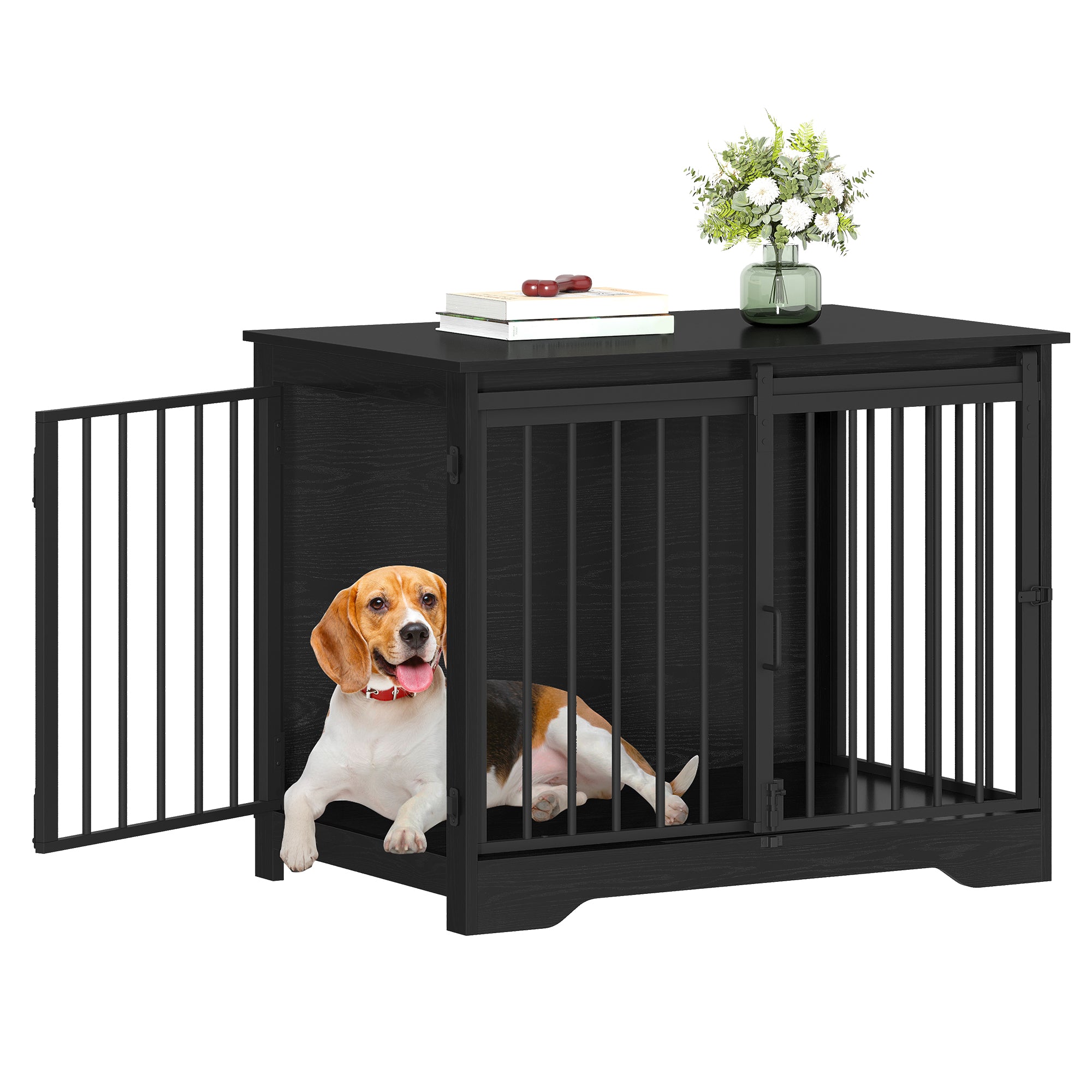 Hzuaneri  Dog Cage Furniture, 81 cm Dog Box for Home, Sliding Doors, 2 Doors, Modern Wooden Indoor Dog Box for Small/Medium Dogs, Dog Cage for Home, 81 x 55 x 67.5 cm, Black DFC83604B