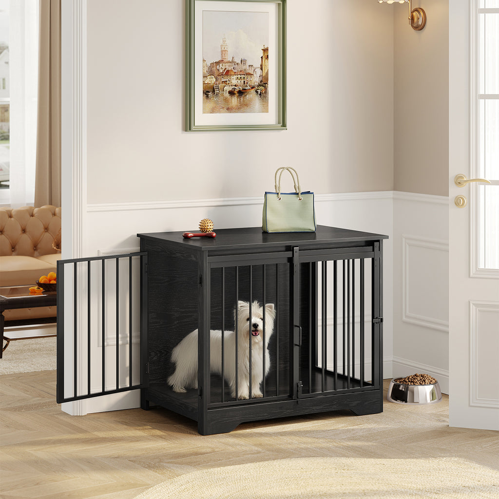 Hzuaneri  Dog Cage Furniture, 81 cm Dog Box for Home, Sliding Doors, 2 Doors, Modern Wooden Indoor Dog Box for Small/Medium Dogs, Dog Cage for Home, 81 x 55 x 67.5 cm, Black DFC83604B