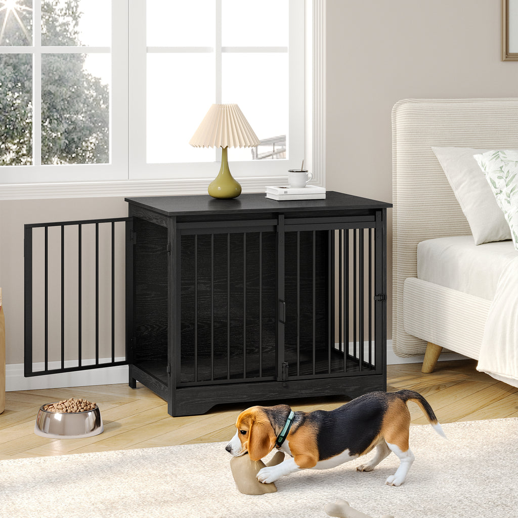 Hzuaneri  Dog Cage Furniture, 81 cm Dog Box for Home, Sliding Doors, 2 Doors, Modern Wooden Indoor Dog Box for Small/Medium Dogs, Dog Cage for Home, 81 x 55 x 67.5 cm, Black DFC83604B