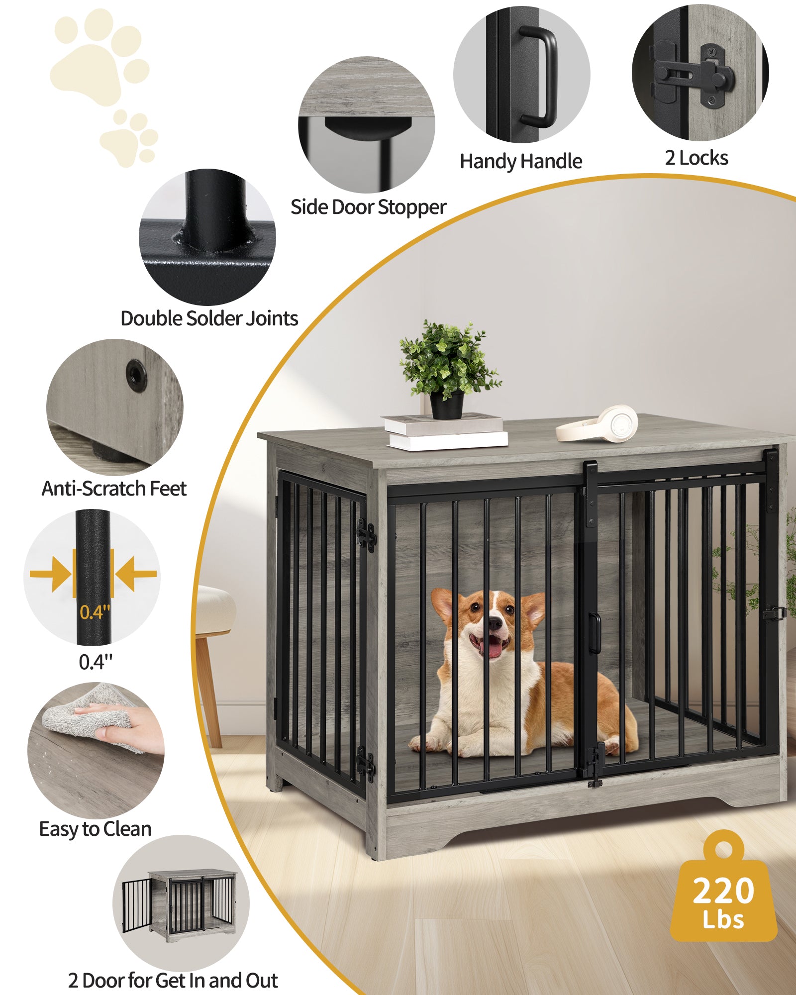 Hzuaneri Dog Crate Furniture, 81cm Dog Box for Home Use, Sliding Doors, 2 Doors, Modern Wooden Indoor Dog Box for Small/Medium Dogs, Dog Crate for Home Use, 81 x 55 x 67.5cm, Light Ivory DFC83605B