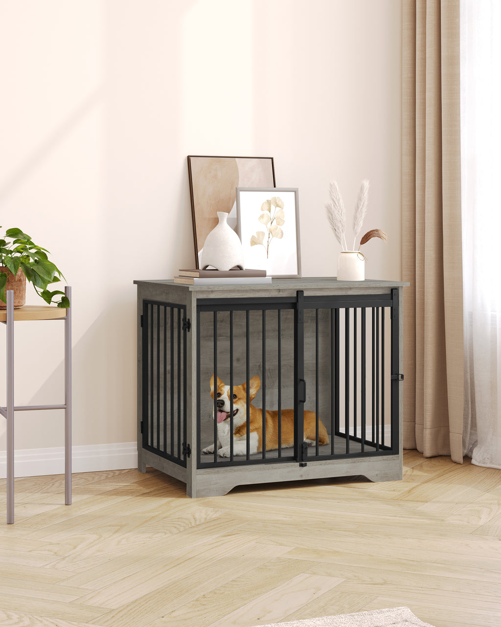 Hzuaneri Dog Crate Furniture, 81cm Dog Box for Home Use, Sliding Doors, 2 Doors, Modern Wooden Indoor Dog Box for Small/Medium Dogs, Dog Crate for Home Use, 81 x 55 x 67.5cm, Light Ivory DFC83605B
