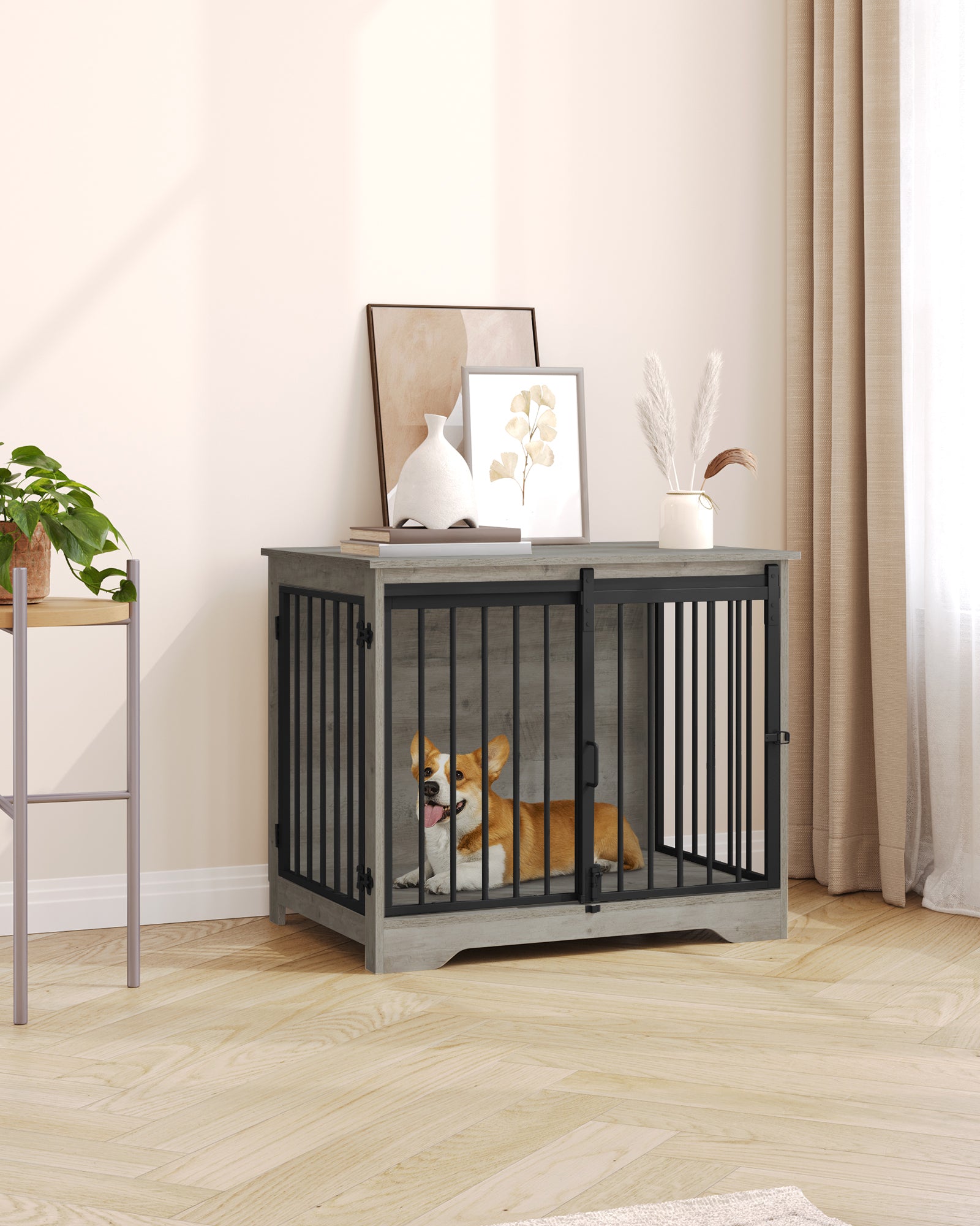 Hzuaneri Dog Crate Furniture, 81cm Dog Box for Home Use, Sliding Doors, 2 Doors, Modern Wooden Indoor Dog Box for Small/Medium Dogs, Dog Crate for Home Use, 81 x 55 x 67.5cm, Light Ivory DFC83605B