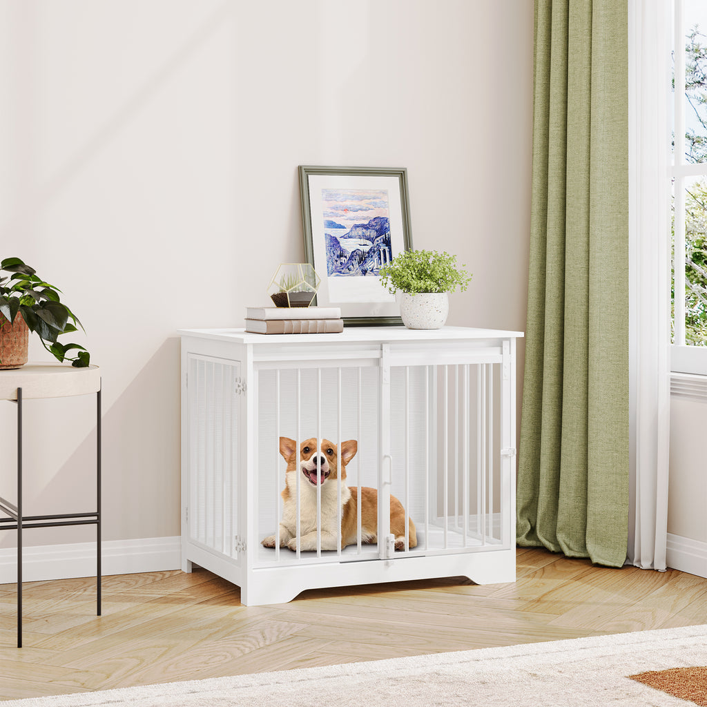 Hzuaneri Dog Cage Furniture, 81cm Dog Box for Home Use, Sliding Doors, 2 Doors, Modern Wooden Indoor Dog Box for Small/Medium Dogs, Dog Cage for Home Use, 81 x 55 x 67.5 cm, White DFC83613W