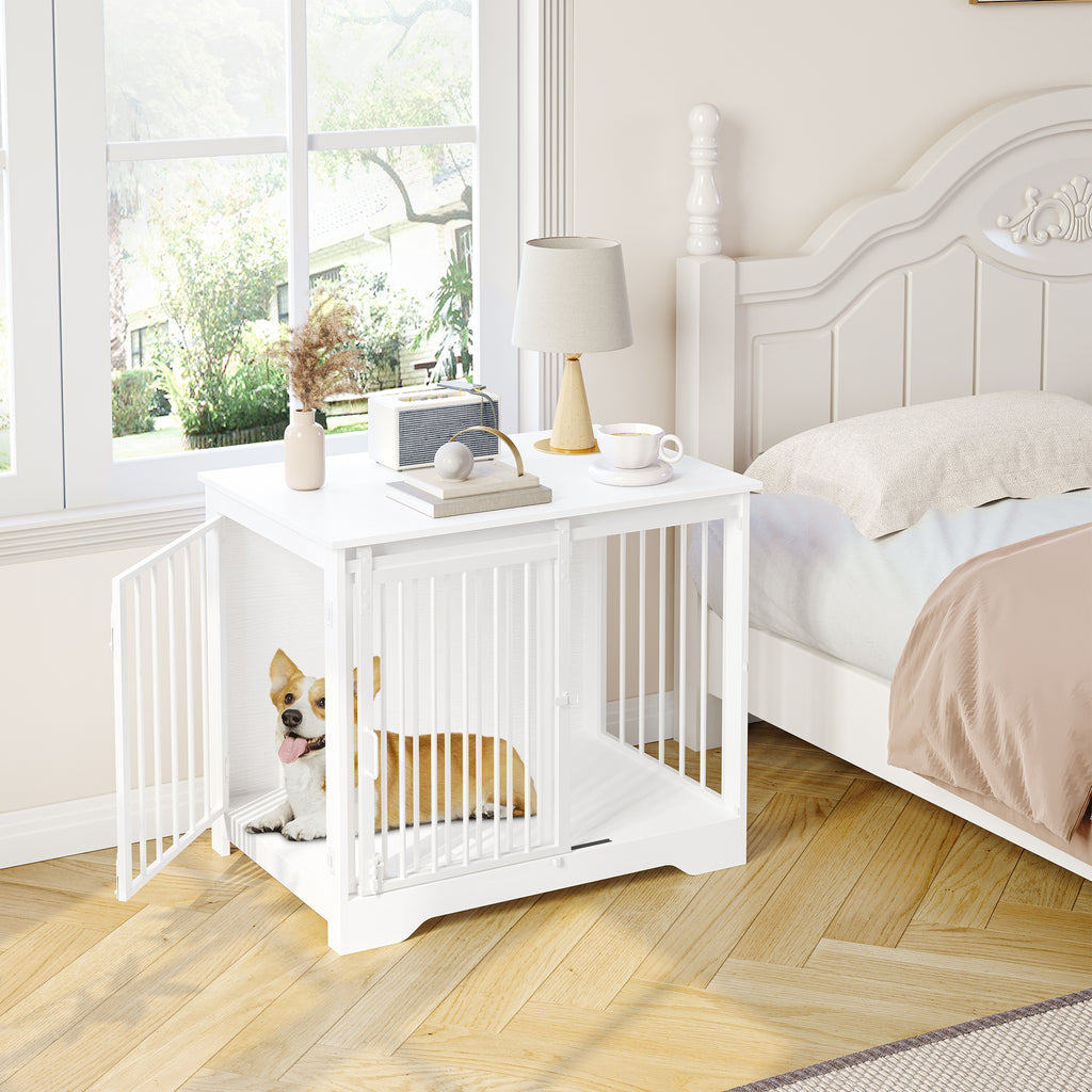 Hzuaneri Dog Cage Furniture, 81cm Dog Box for Home Use, Sliding Doors, 2 Doors, Modern Wooden Indoor Dog Box for Small/Medium Dogs, Dog Cage for Home Use, 81 x 55 x 67.5 cm, White DFC83613W