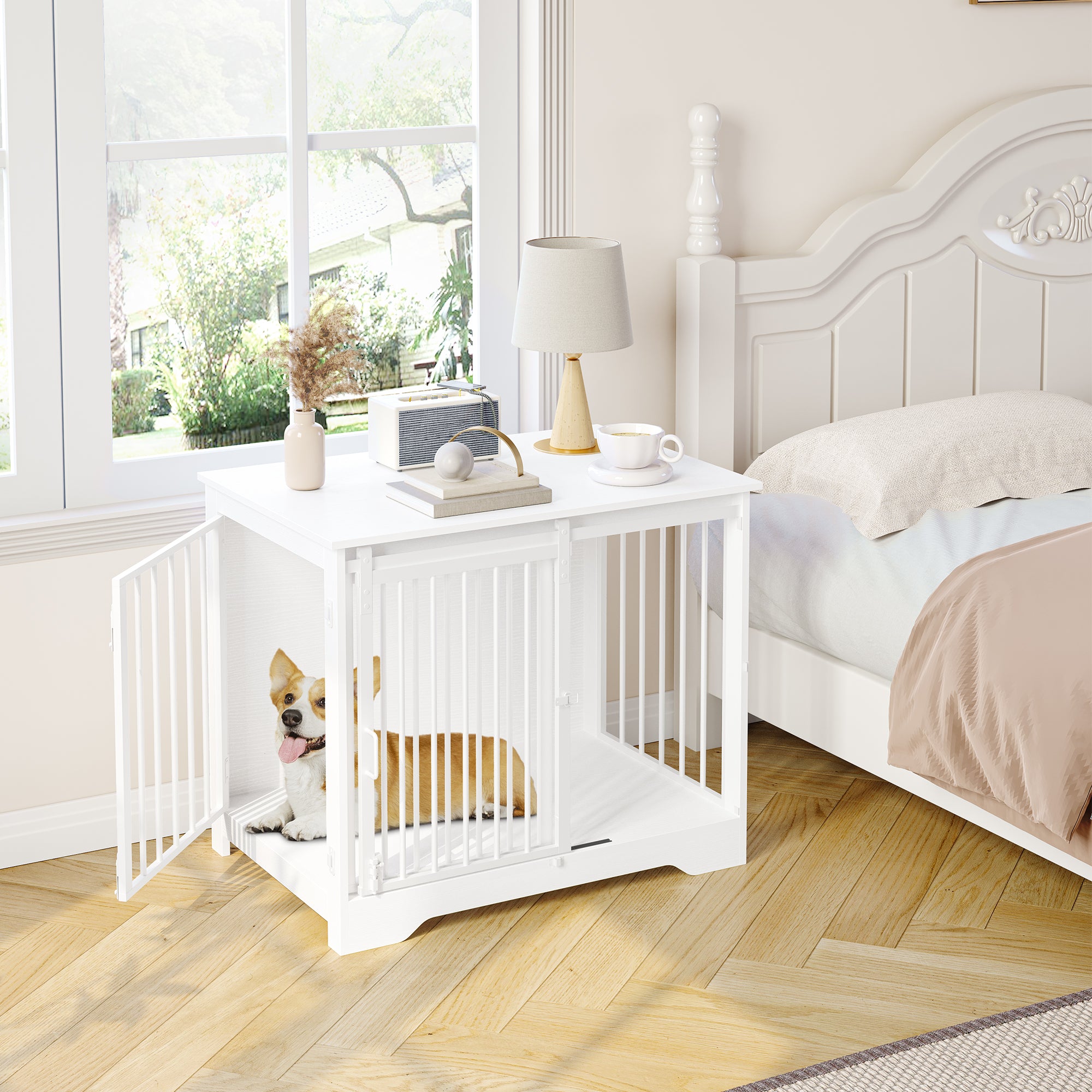 Hzuaneri Dog Cage Furniture, 81cm Dog Box for Home Use, Sliding Doors, 2 Doors, Modern Wooden Indoor Dog Box for Small/Medium Dogs, Dog Cage for Home Use, 81 x 55 x 67.5 cm, White DFC83613W