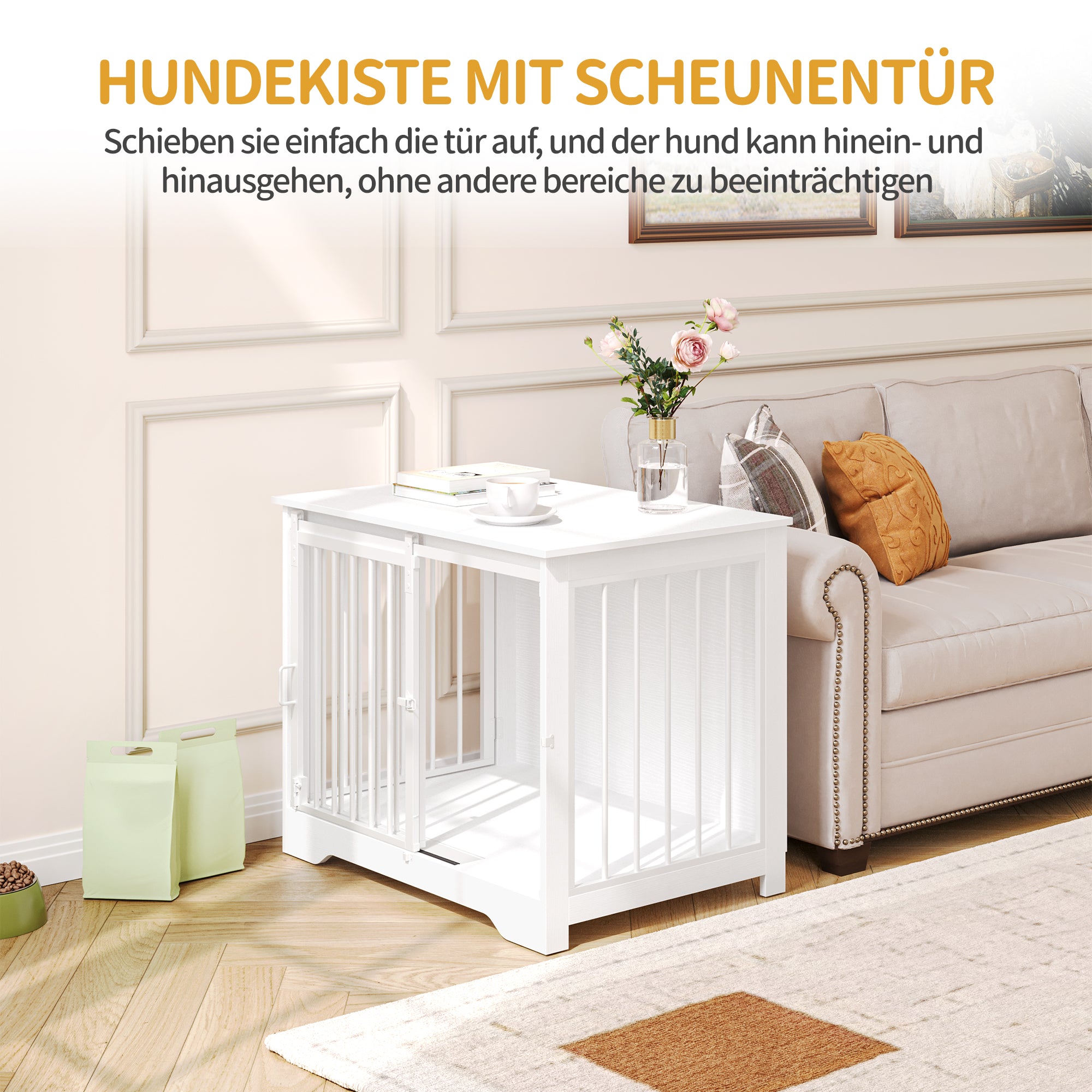 Hzuaneri Dog Cage Furniture, 81cm Dog Box for Home Use, Sliding Doors, 2 Doors, Modern Wooden Indoor Dog Box for Small/Medium Dogs, Dog Cage for Home Use, 81 x 55 x 67.5 cm, White DFC83613W