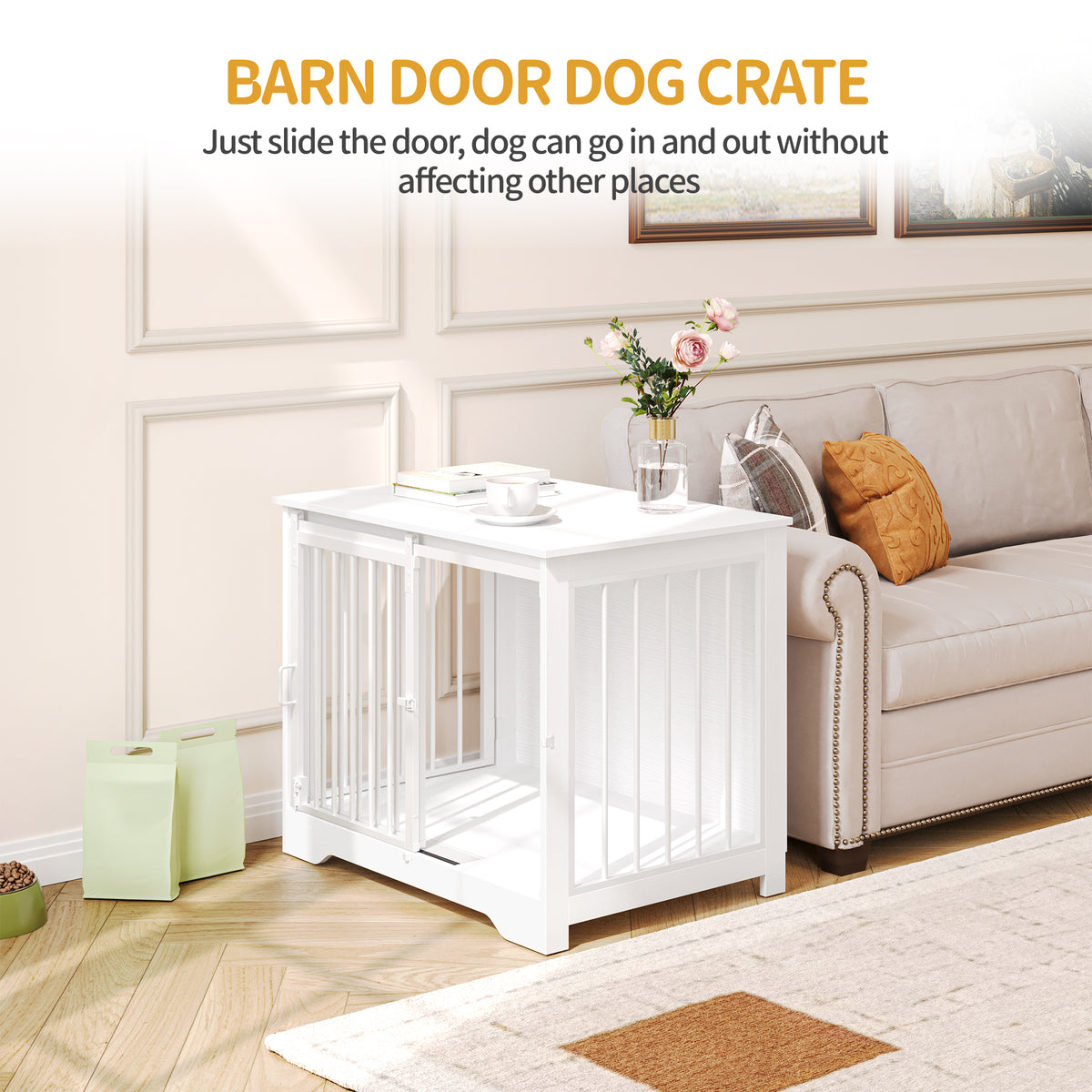 Hzuaneri Dog Cage Furniture, 81cm Dog Box for Home Use, Sliding Doors, 2 Doors, Modern Wooden Indoor Dog Box for Small/Medium Dogs, Dog Cage for Home Use, 81 x 55 x 67.5 cm, White DFC83613W