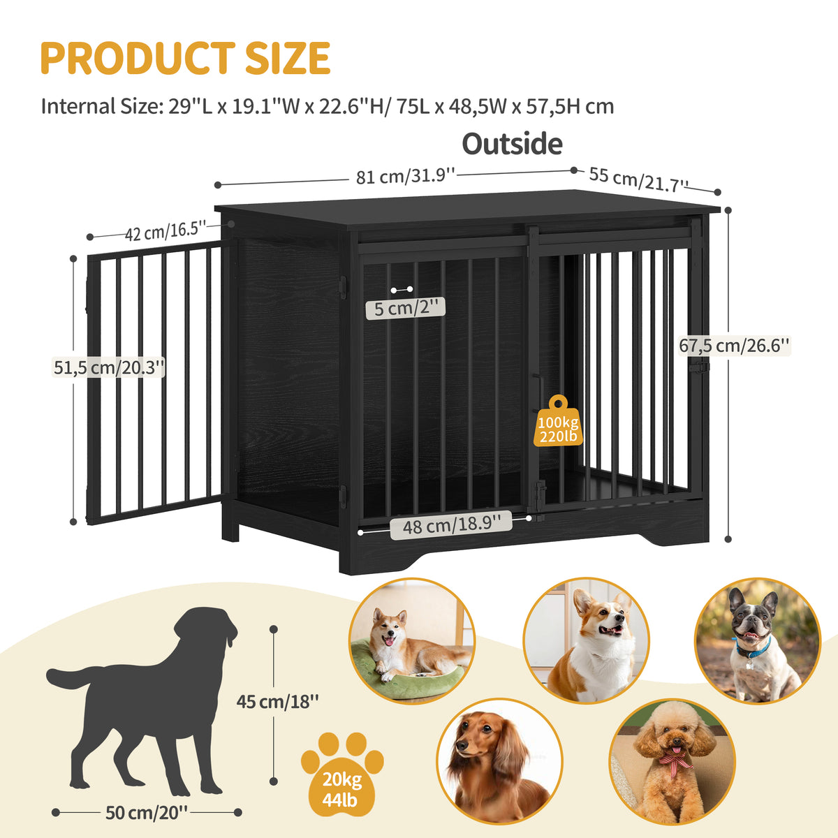 Hzuaneri  Dog Cage Furniture, 81 cm Dog Box for Home, Sliding Doors, 2 Doors, Modern Wooden Indoor Dog Box for Small/Medium Dogs, Dog Cage for Home, 81 x 55 x 67.5 cm, Black DFC83604B
