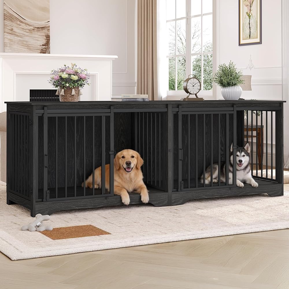 Hzuaneri 78" Large Double Dog Crate Furniture, Indoor Dog Kennel Furniture for 2 Dogs with Divider, Dual Sliding Barn Doors, Heavy Duty Dog Cage Furniture as TV Stand
