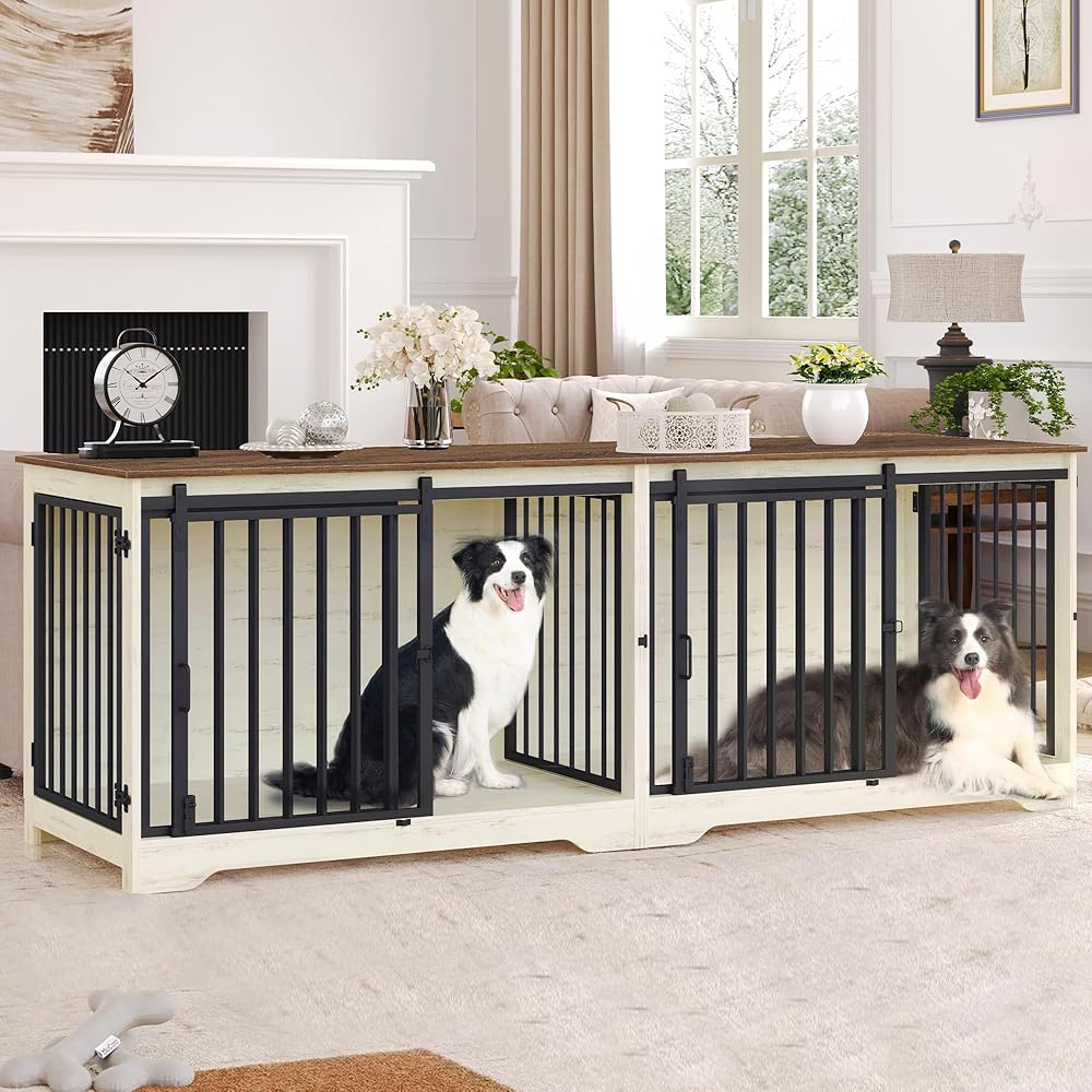 Hzuaneri 78" Large Double Dog Crate Furniture, Indoor Dog Kennel Furniture for 2 Dogs with Divider, Dual Sliding Barn Doors, Heavy Duty Dog Cage Furniture as TV Stand