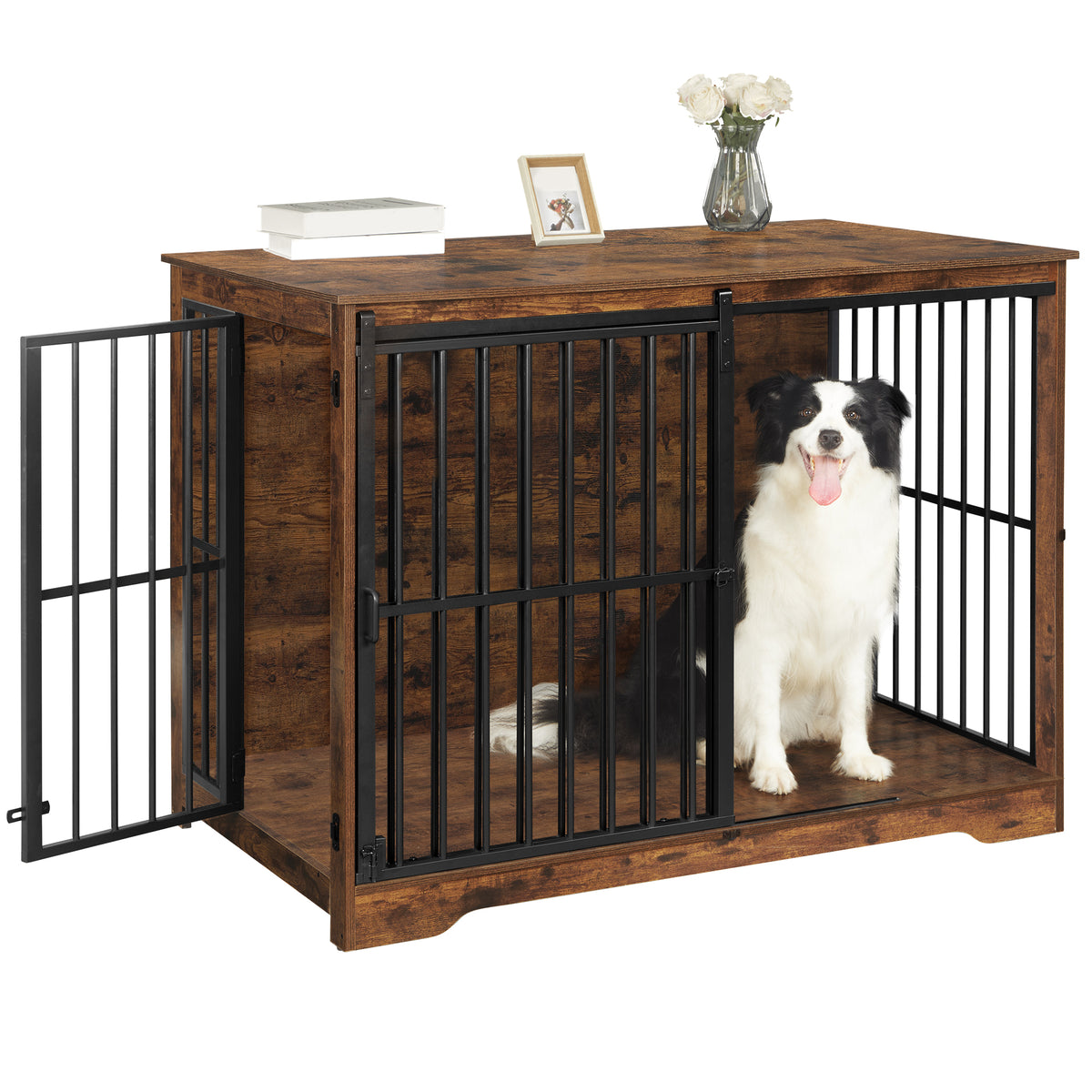 Hzuaneri 44 Inch Dog Crate Furniture, XL Indoor Dog Kennel for Large Dog with Barn Door, Heavy Duty Wooden Dog Cage as TV Stand & End Table, Black