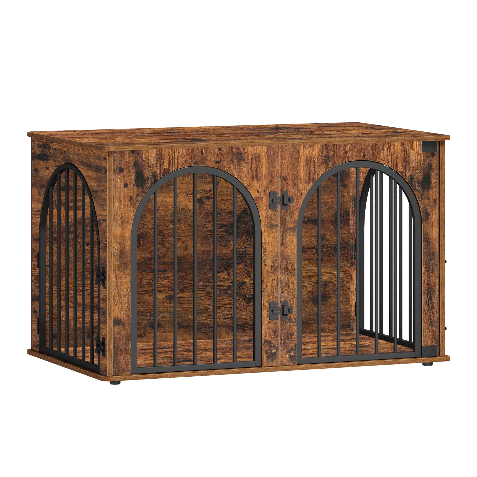 Hzuaneri Dog Crate Furniture, 100 cm Wooden Dog Crate, Indoor Kennel for Large Dogs, End Side Table Animal Crates, Anti-Chew, Anti-Escape, Arched Door Design, Rustic Brown DFC84101B