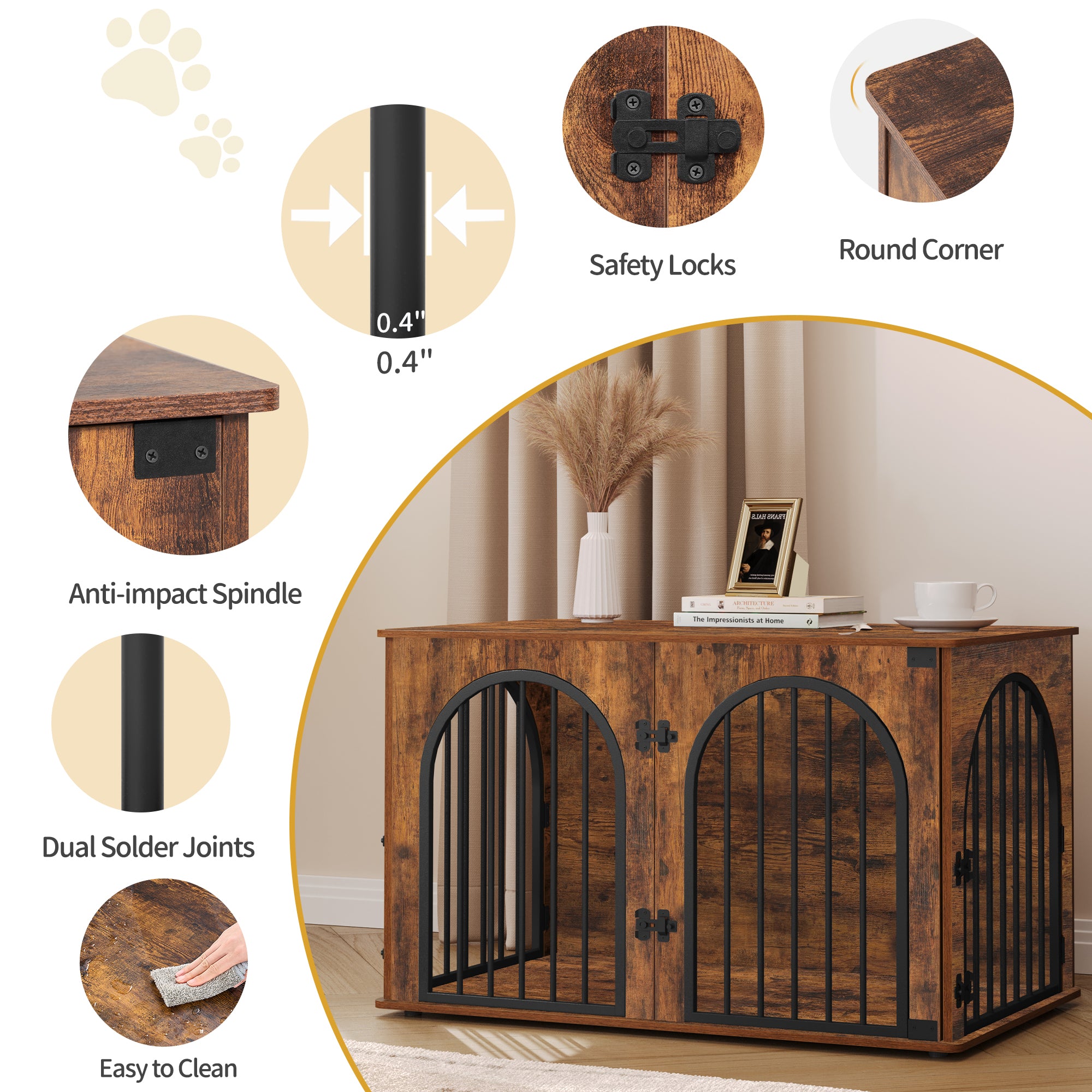 Hzuaneri Dog Crate Furniture, 100 cm Wooden Dog Crate, Indoor Kennel for Large Dogs, End Side Table Animal Crates, Anti-Chew, Anti-Escape, Arched Door Design, Rustic Brown DFC84101B
