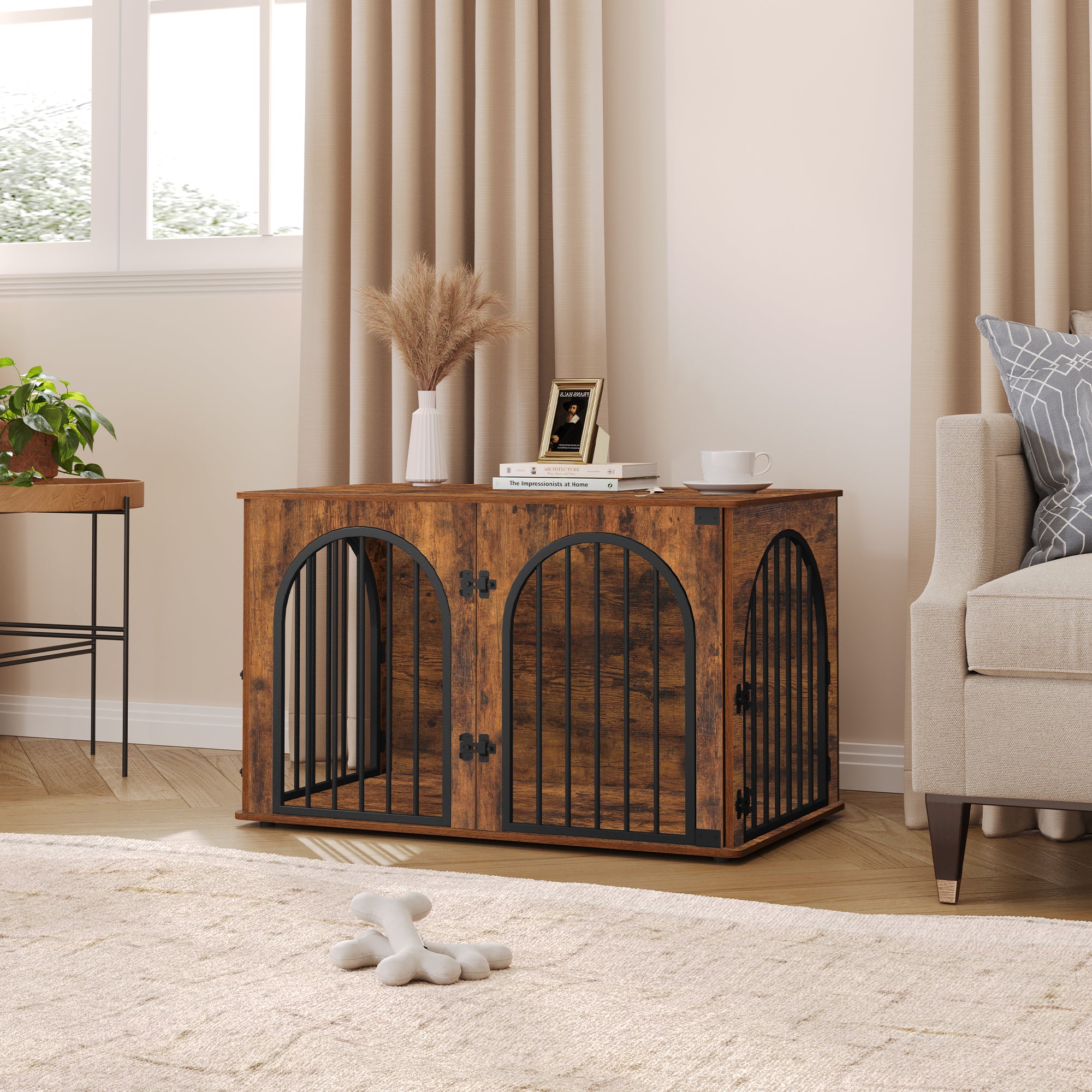 Hzuaneri Dog Crate Furniture, 100 cm Wooden Dog Crate, Indoor Kennel for Large Dogs, End Side Table Animal Crates, Anti-Chew, Anti-Escape, Arched Door Design, Rustic Brown DFC84101B