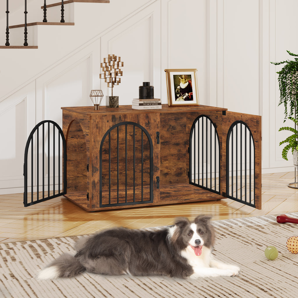 Hzuaneri Dog Crate Furniture, 100 cm Wooden Dog Crate, Indoor Kennel for Large Dogs, End Side Table Animal Crates, Anti-Chew, Anti-Escape, Arched Door Design, Rustic Brown DFC84101B
