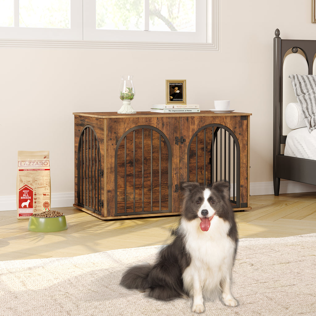 Hzuaneri Dog Crate Furniture, 100 cm Wooden Dog Crate, Indoor Kennel for Large Dogs, End Side Table Animal Crates, Anti-Chew, Anti-Escape, Arched Door Design, Rustic Brown DFC84101B