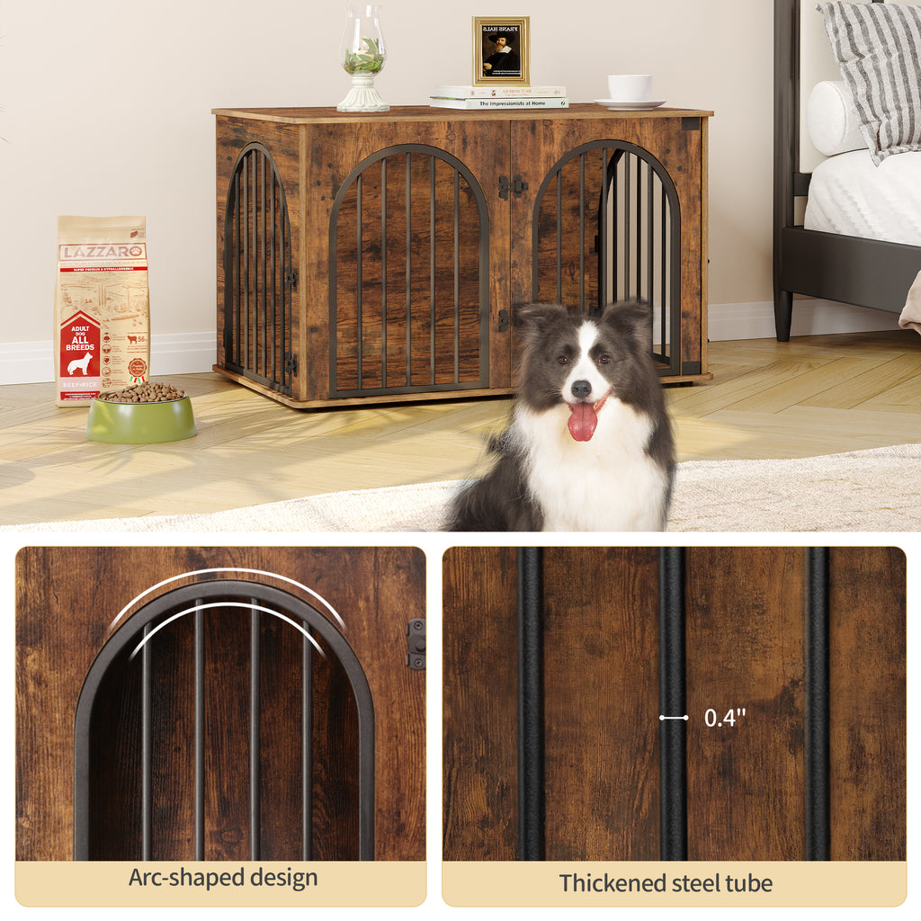 Hzuaneri Dog Crate Furniture, 100 cm Wooden Dog Crate, Indoor Kennel for Large Dogs, End Side Table Animal Crates, Anti-Chew, Anti-Escape, Arched Door Design, Rustic Brown DFC84101B