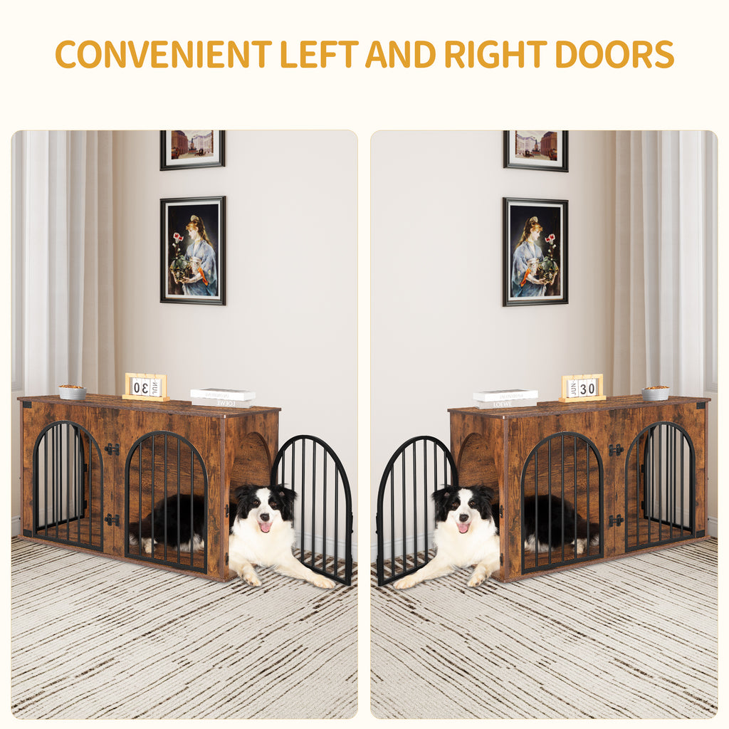 Hzuaneri Dog Crate Furniture, 100 cm Wooden Dog Crate, Indoor Kennel for Large Dogs, End Side Table Animal Crates, Anti-Chew, Anti-Escape, Arched Door Design, Rustic Brown DFC84101B