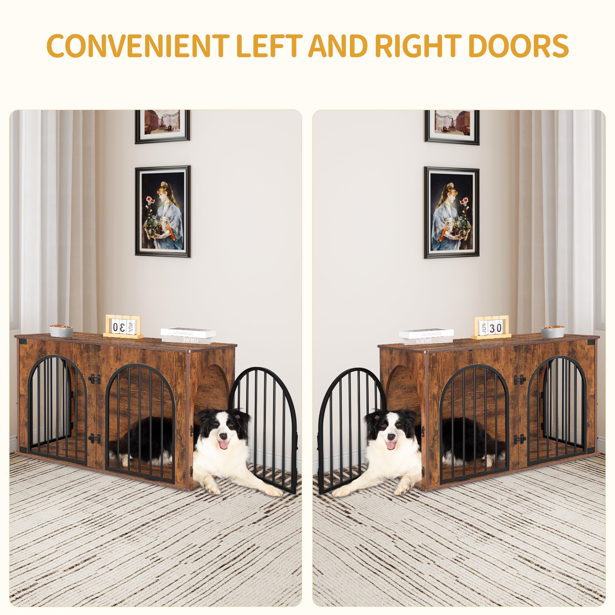 Hzuaneri Dog Crate Furniture, 100 cm Wooden Dog Crate, Indoor Kennel for Large Dogs, End Side Table Animal Crates, Anti-Chew, Anti-Escape, Arched Door Design, Rustic Brown DFC84101B