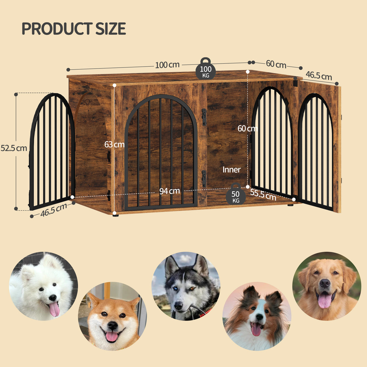 Hzuaneri Dog Crate Furniture, 100 cm Wooden Dog Crate, Indoor Kennel for Large Dogs, End Side Table Animal Crates, Anti-Chew, Anti-Escape, Arched Door Design, Rustic Brown DFC84101B