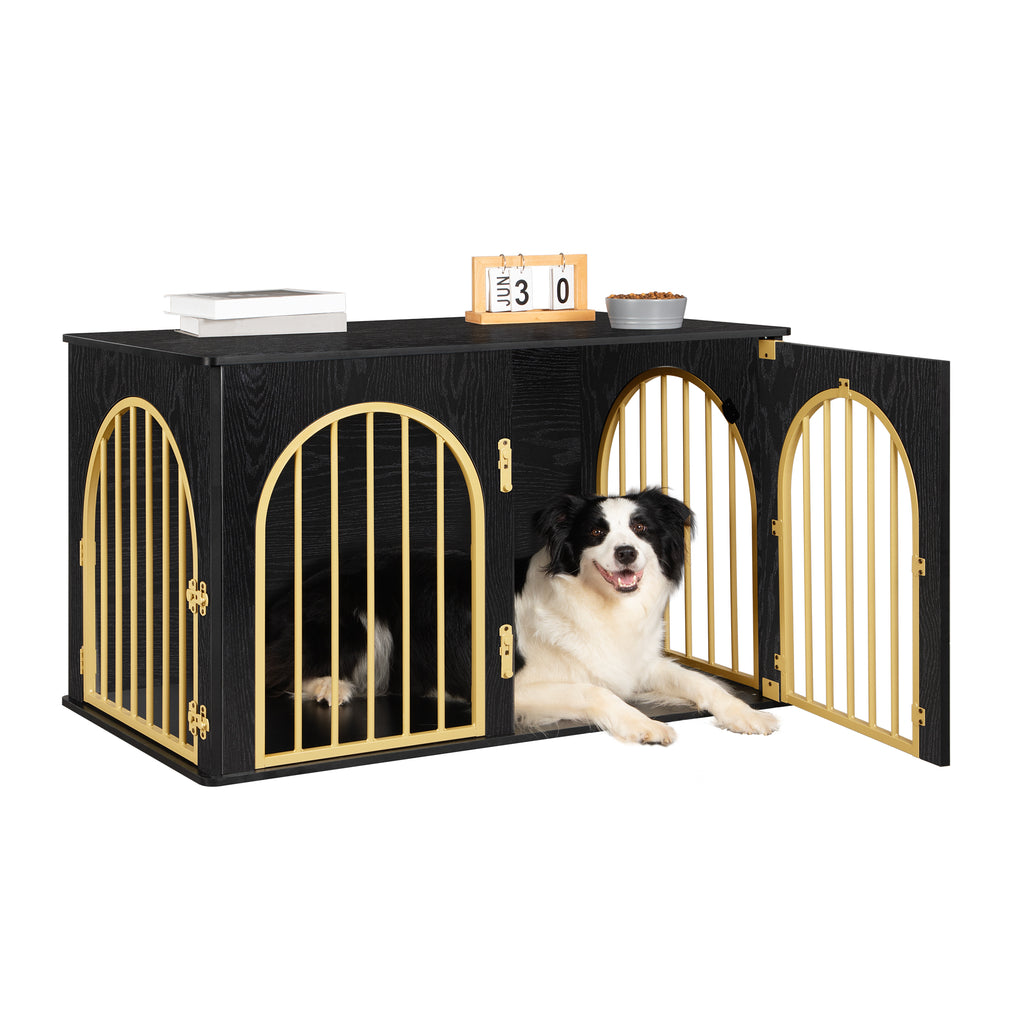 Hzuaneri Dog Cage Furniture, 100 cm Dog Box for Home, 3 Doors, Arch Door, Modern Dog Box Indoor for Dogs, Side Table, Dog Cage Heavy Duty, 100 x 60 x 63 cm, Black Gold DFC84104A
