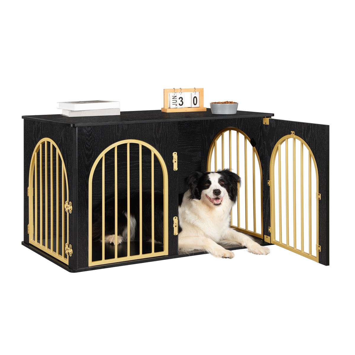 Hzuaneri Dog Cage Furniture, 100 cm Dog Box for Home, 3 Doors, Arch Door, Modern Dog Box Indoor for Dogs, Side Table, Dog Cage Heavy Duty, 100 x 60 x 63 cm, Black Gold DFC84104A