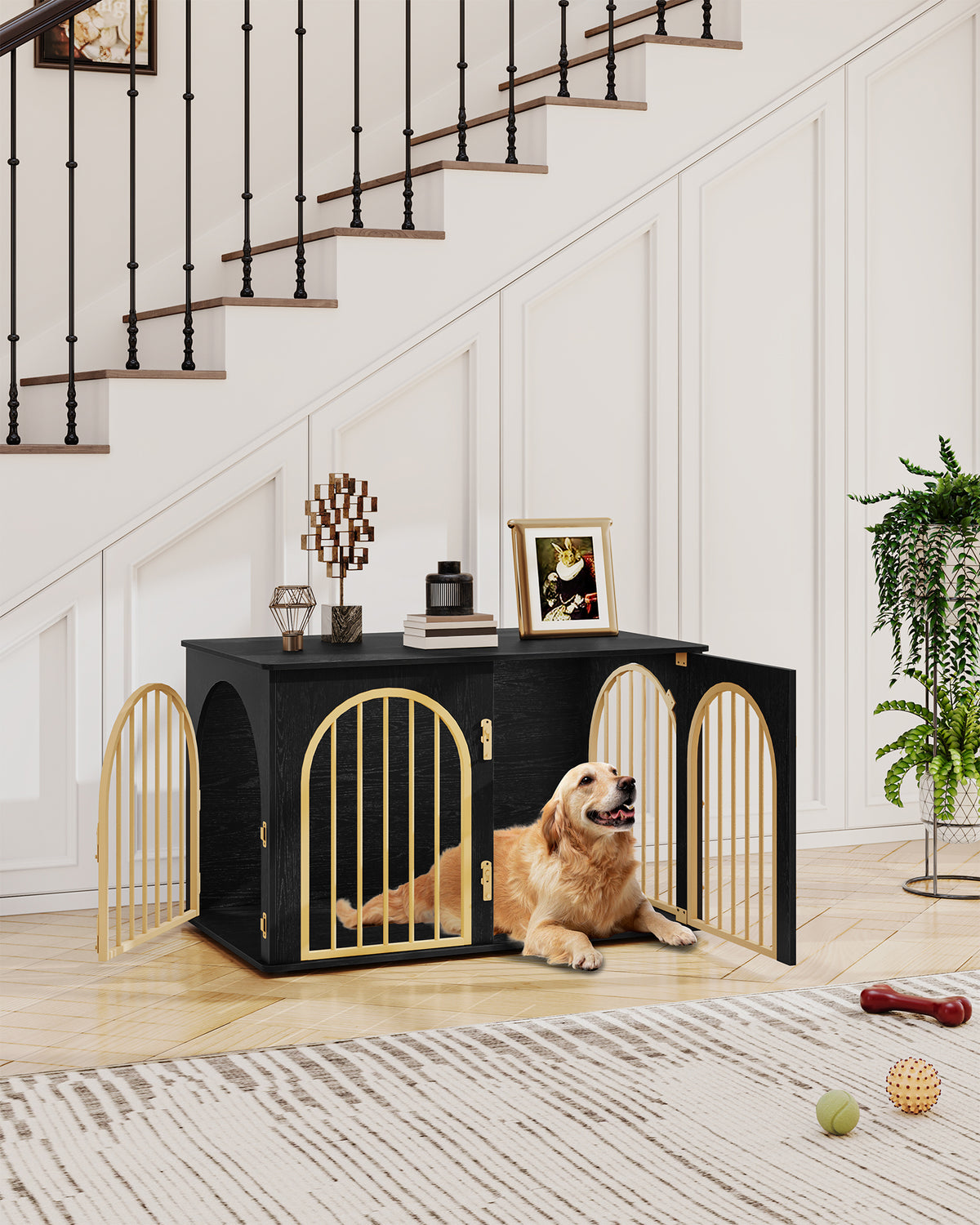 Hzuaneri Dog Cage Furniture, 100 cm Dog Box for Home, 3 Doors, Arch Door, Modern Dog Box Indoor for Dogs, Side Table, Dog Cage Heavy Duty, 100 x 60 x 63 cm, Black Gold DFC84104A