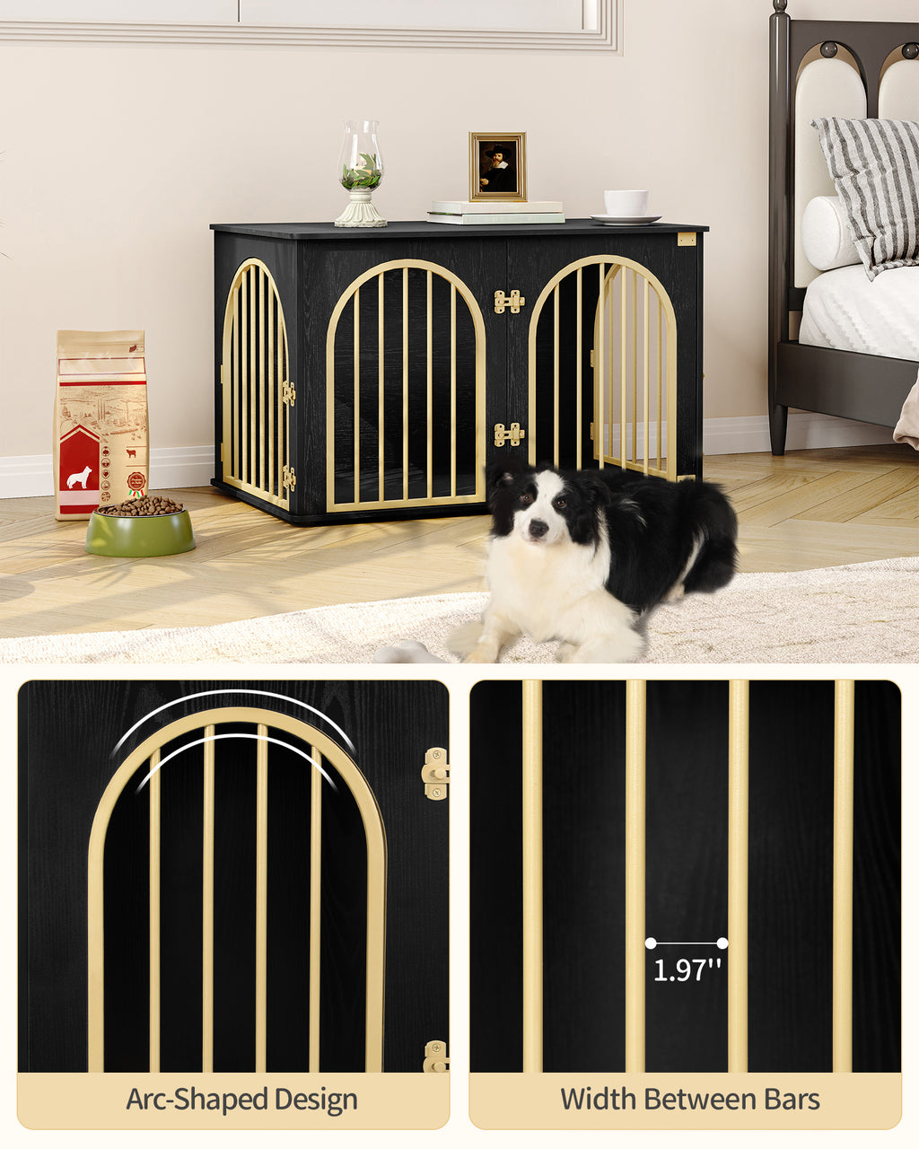 Hzuaneri Dog Cage Furniture, 100 cm Dog Box for Home, 3 Doors, Arch Door, Modern Dog Box Indoor for Dogs, Side Table, Dog Cage Heavy Duty, 100 x 60 x 63 cm, Black Gold DFC84104A