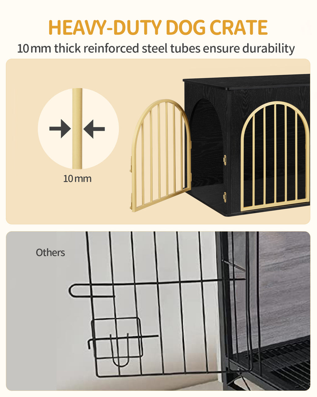Hzuaneri Dog Cage Furniture, 100 cm Dog Box for Home, 3 Doors, Arch Door, Modern Dog Box Indoor for Dogs, Side Table, Dog Cage Heavy Duty, 100 x 60 x 63 cm, Black Gold DFC84104A