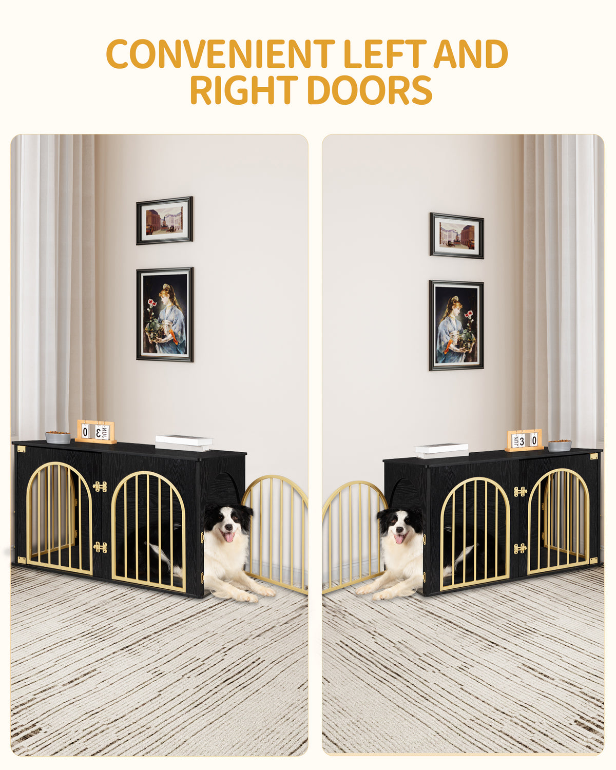 Hzuaneri Dog Cage Furniture, 100 cm Dog Box for Home, 3 Doors, Arch Door, Modern Dog Box Indoor for Dogs, Side Table, Dog Cage Heavy Duty, 100 x 60 x 63 cm, Black Gold DFC84104A