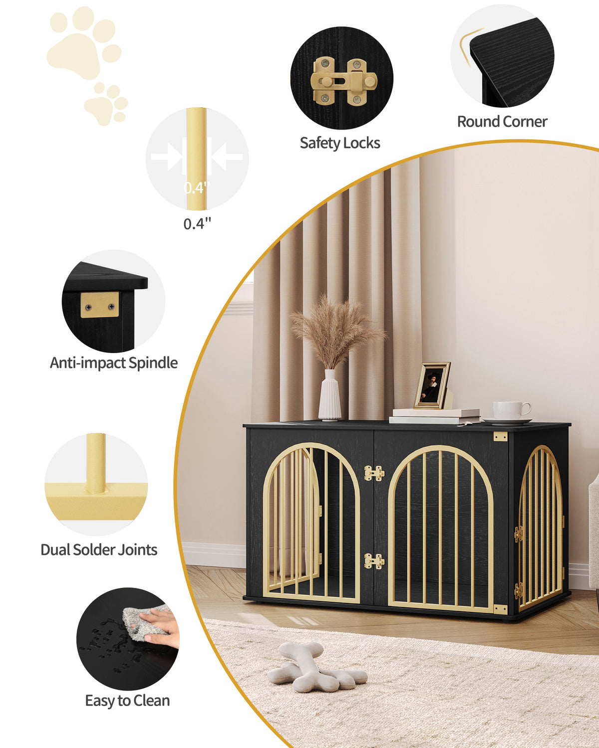 Hzuaneri Dog Cage Furniture, 100 cm Dog Box for Home, 3 Doors, Arch Door, Modern Dog Box Indoor for Dogs, Side Table, Dog Cage Heavy Duty, 100 x 60 x 63 cm, Black Gold DFC84104A