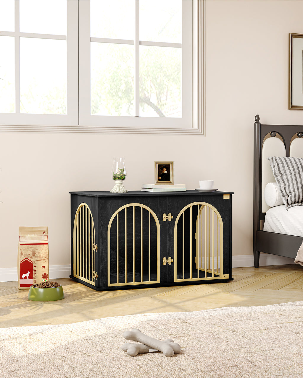 Hzuaneri Dog Cage Furniture, 100 cm Dog Box for Home, 3 Doors, Arch Door, Modern Dog Box Indoor for Dogs, Side Table, Dog Cage Heavy Duty, 100 x 60 x 63 cm, Black Gold DFC84104A